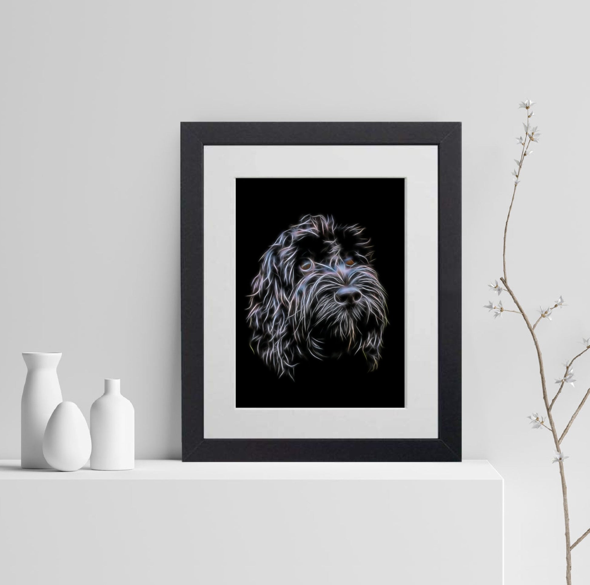 Black Cockapoo Print with Stunning Fractal Art Design. Various Sizes Available