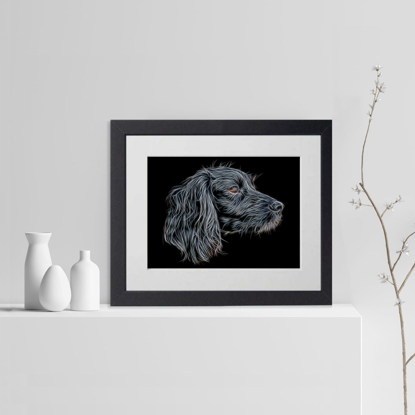 Black Working Cocker Spaniel Print with Stunning Fractal Art Design. Various Sizes Available