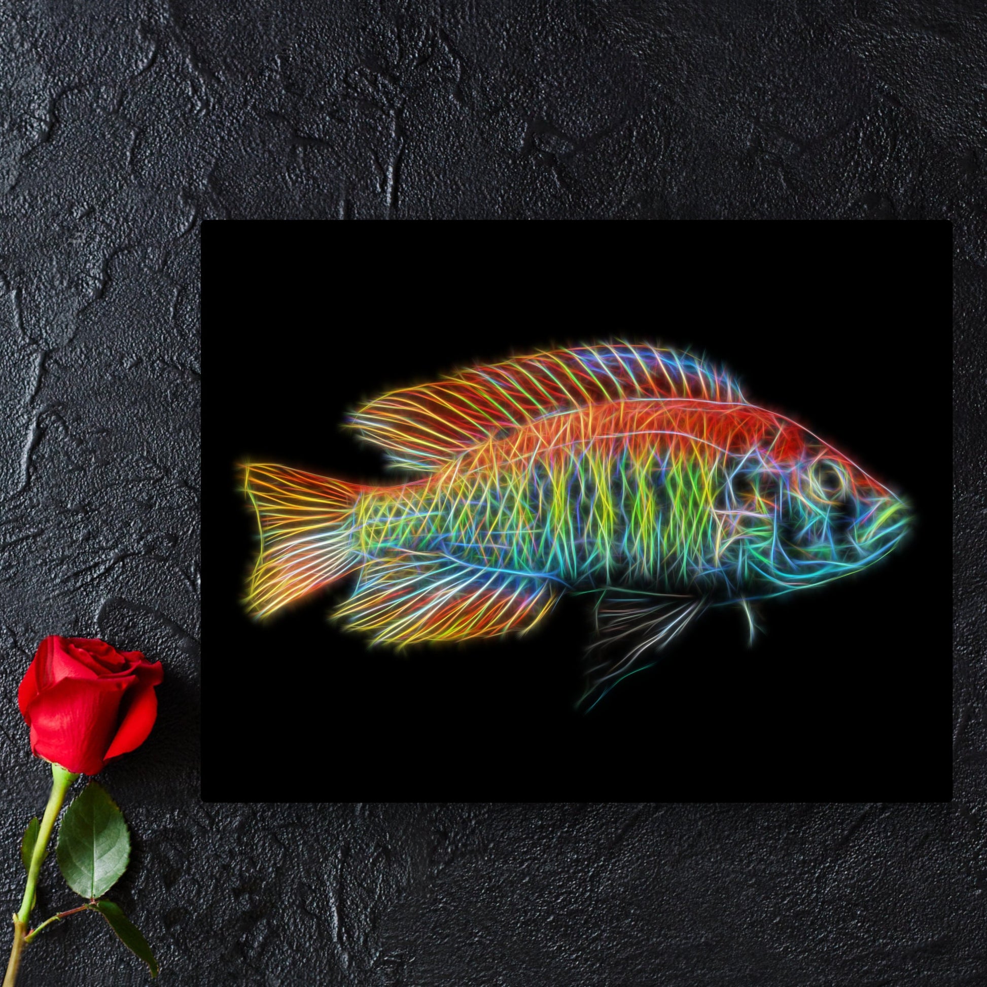Flameback Cichlid Metal Wall Plaque with Stunning Fractal Art Design. Pundamilia Nyererei