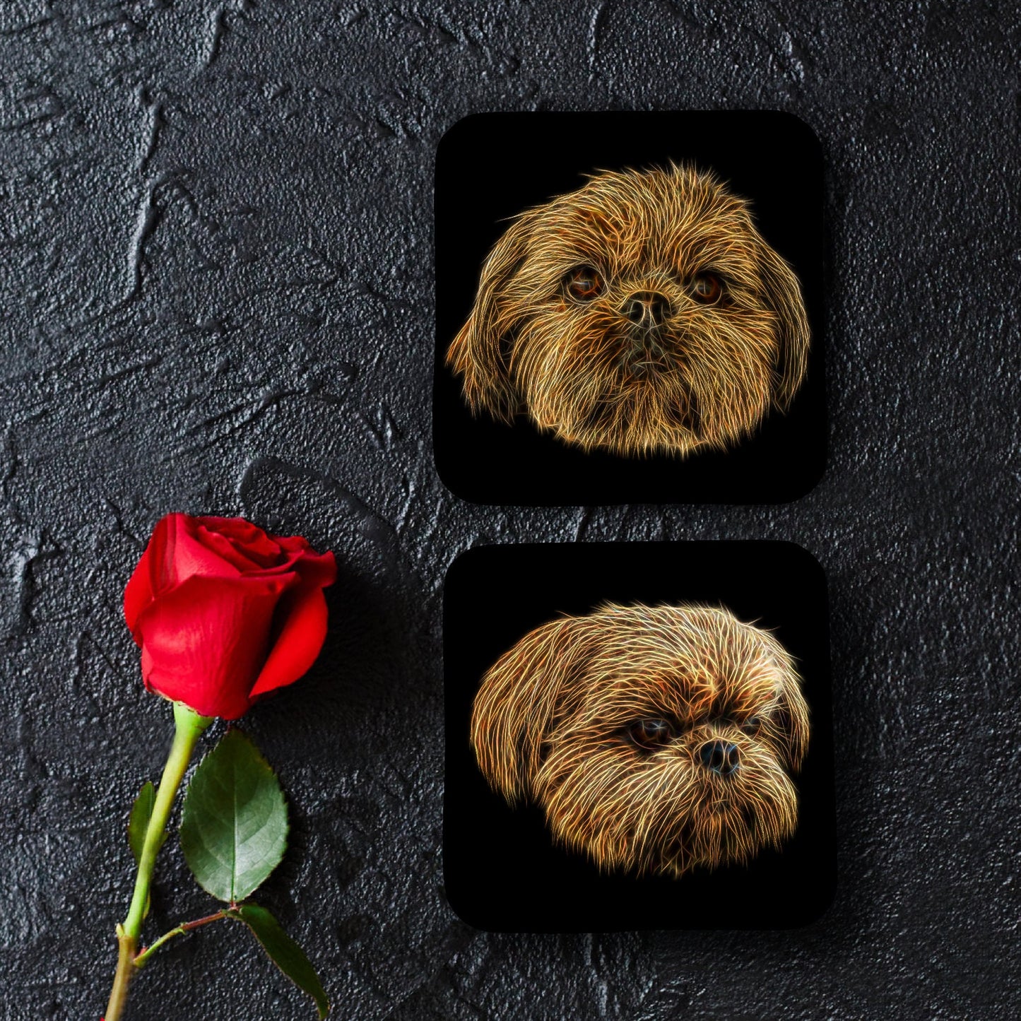 Red Shih Tzu Coasters, Set of 2, with Fractal Art Design, Perfect Shih Tzu Owner Gift