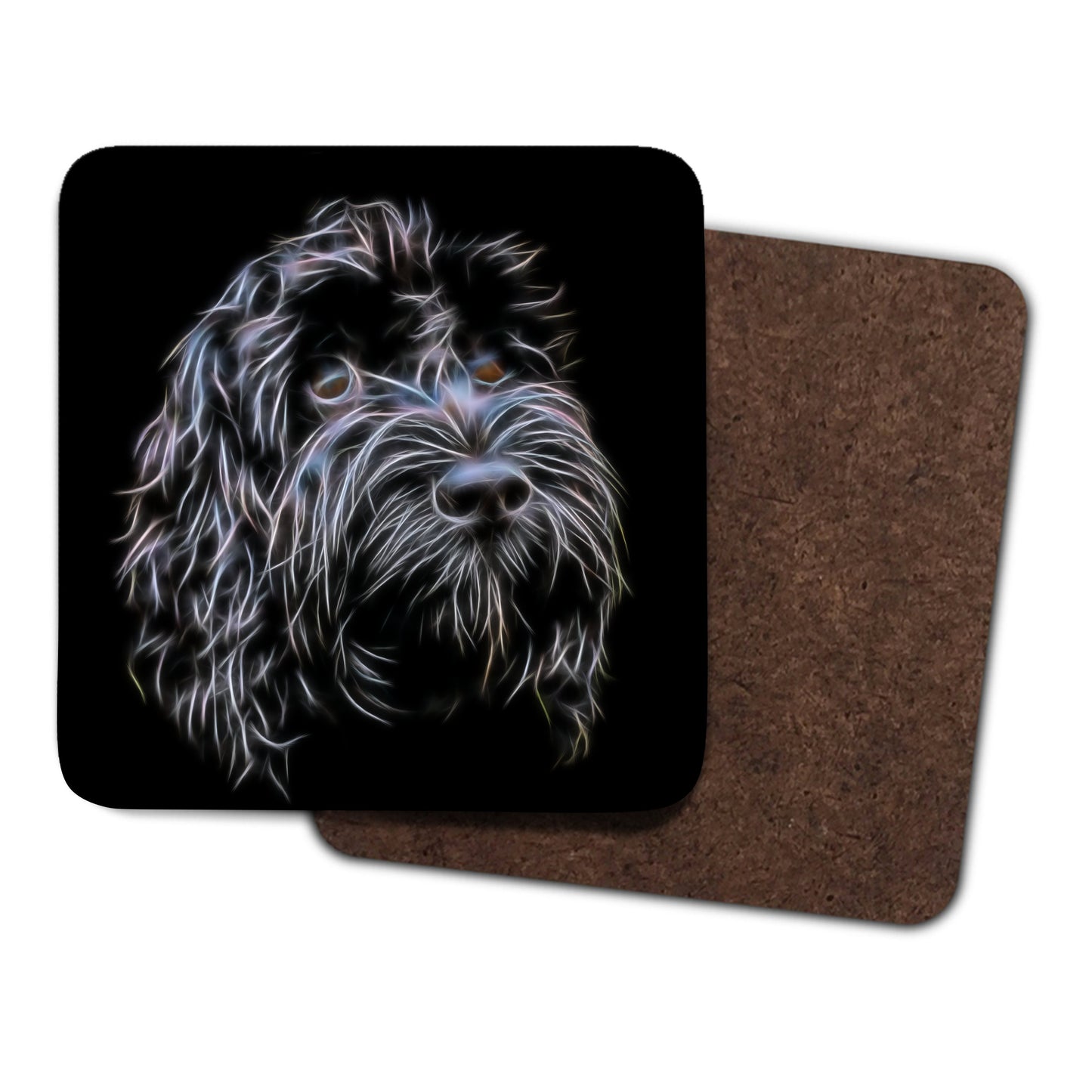 Black Cockapoo Coasters, Set of 4, with Stunning Fractal Art Design.