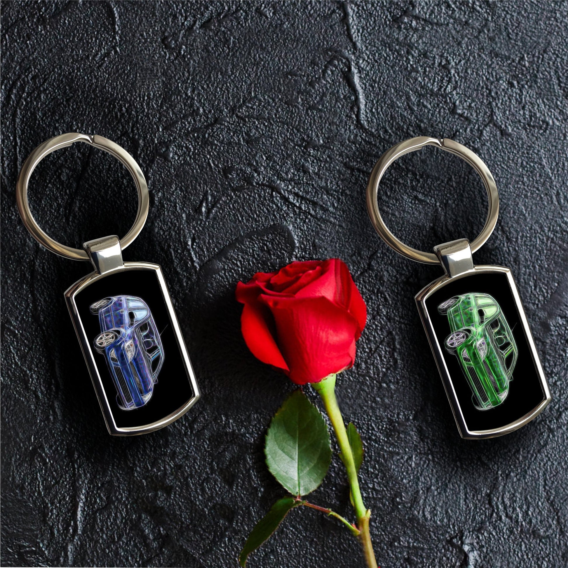 Ford Fiesta MK5 Car Metal Metal Rectangle Keyring with Stunning Fractal Art Design. Blue, Red, Black, White or Green