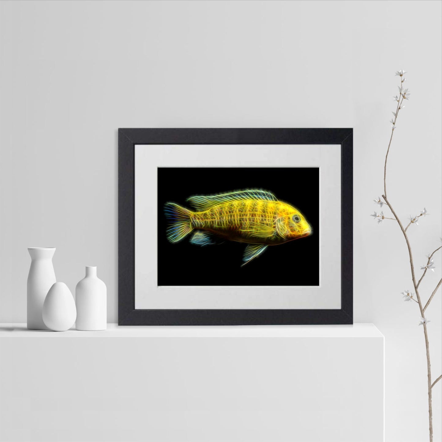 Labidochromis caeruleus (Yellow Lab) Cichlid Prints with Stunning Fractal Art Design.