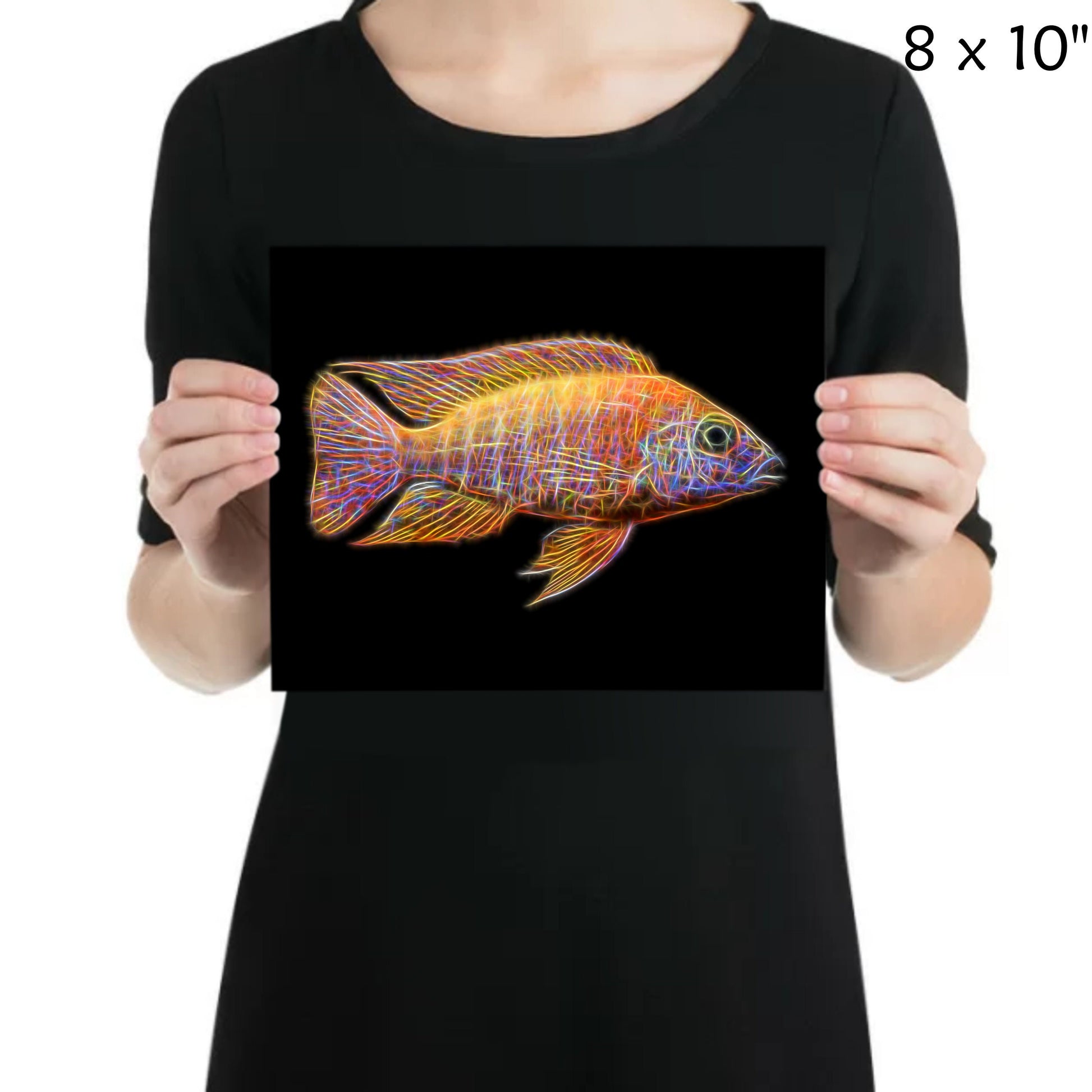 Ruby Red Peacock Cichlid Fish Print with Stunning Fractal Art Design. Aulonocara
