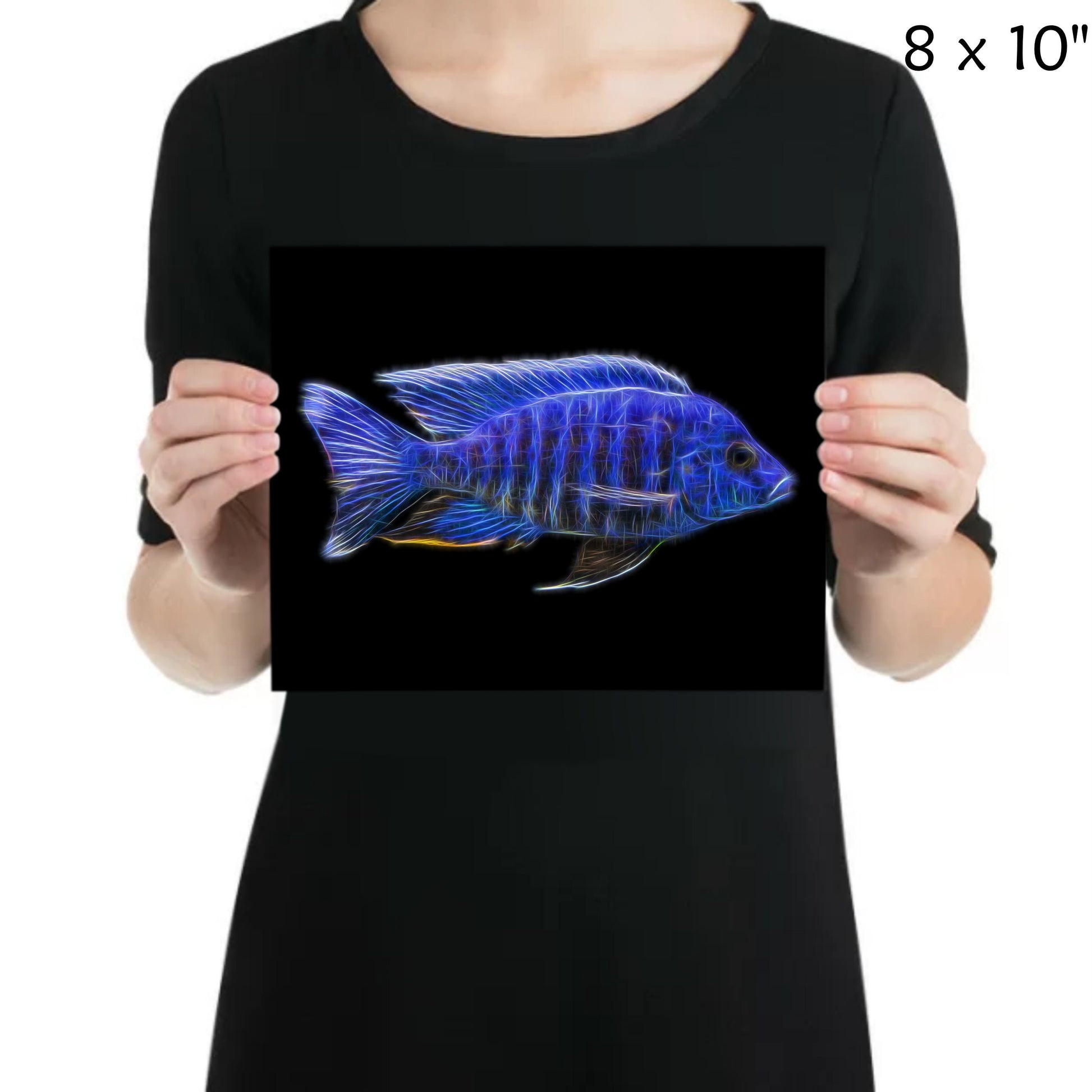 Blue Regal Peacock Cichlid Fish Print with Stunning Fractal Art Design. Aulonocara