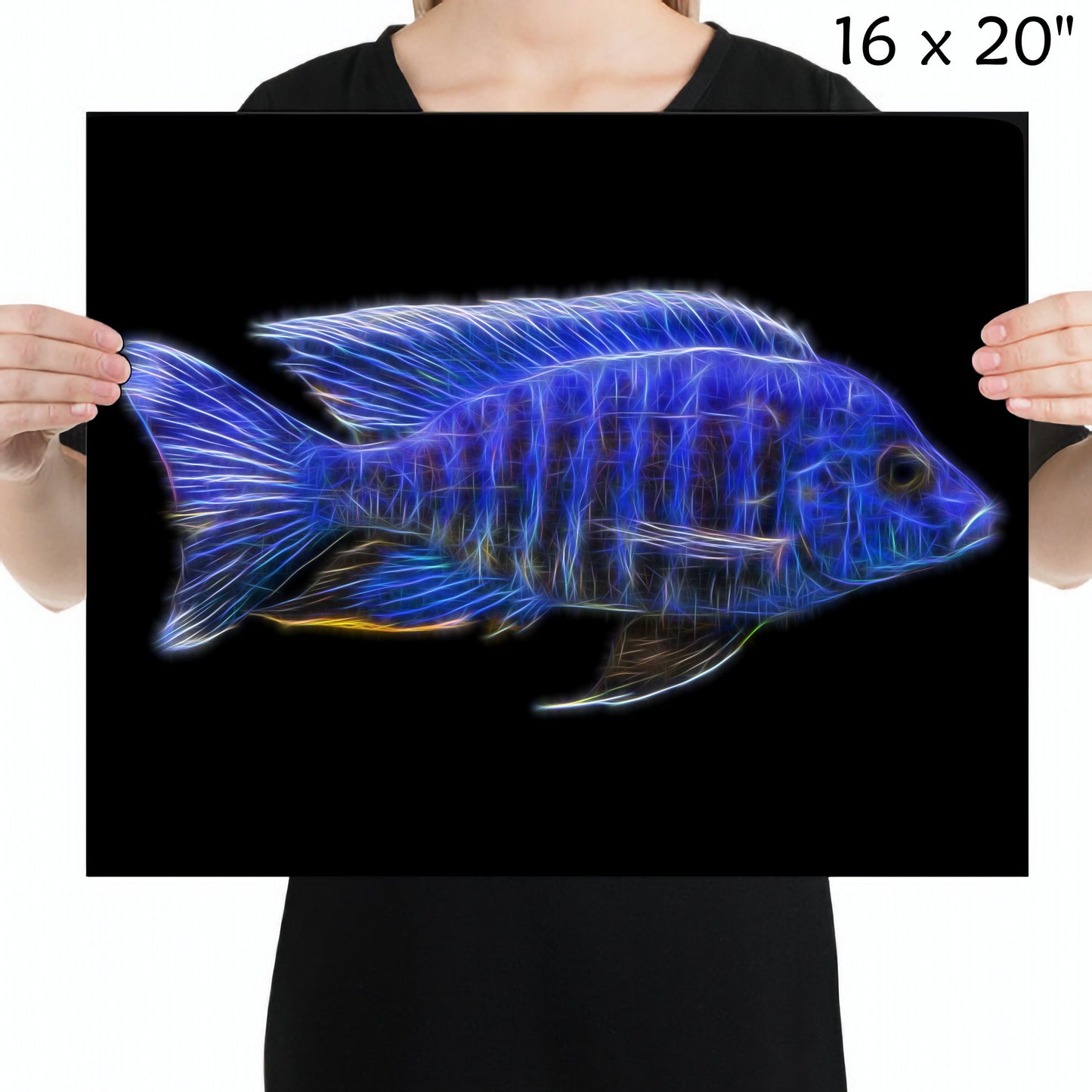 Blue Regal Peacock Cichlid Fish Print with Stunning Fractal Art Design. Aulonocara