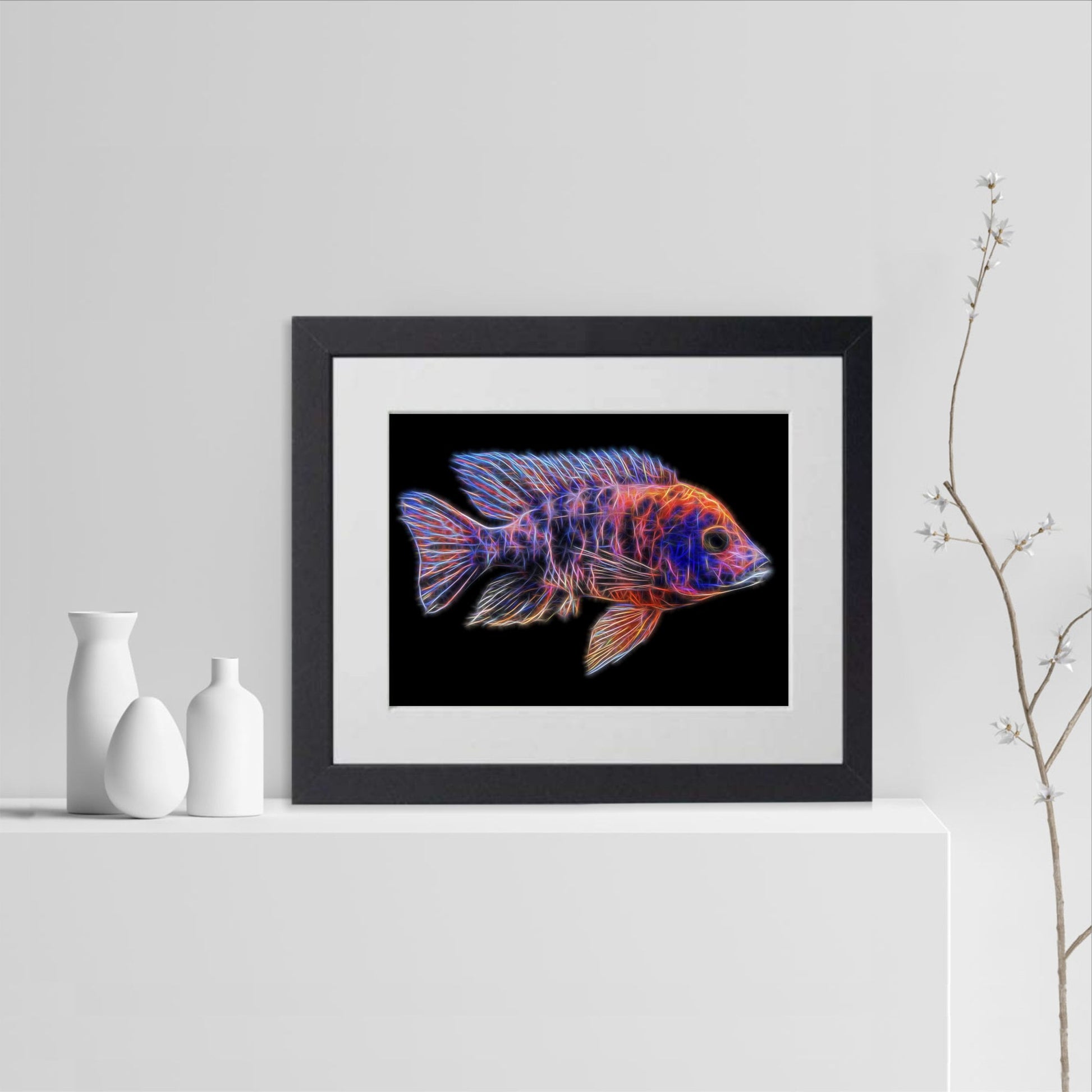 Orange OB Peacock Cichlid Fish Print with Stunning Fractal Art Design. Aulonocara