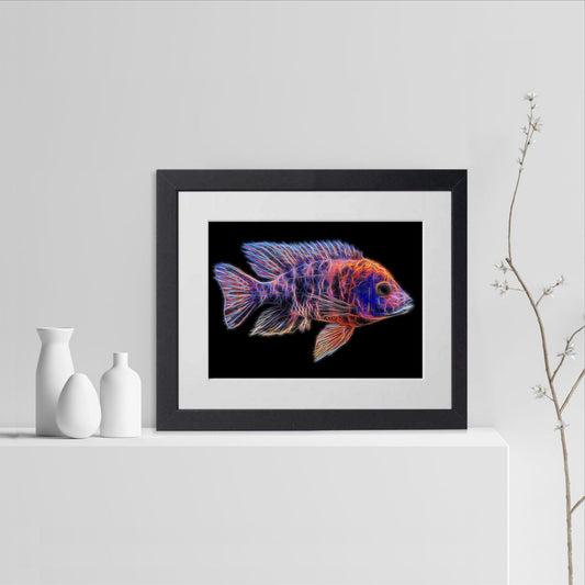 Orange OB Peacock Cichlid Fish Print with Stunning Fractal Art Design. Aulonocara