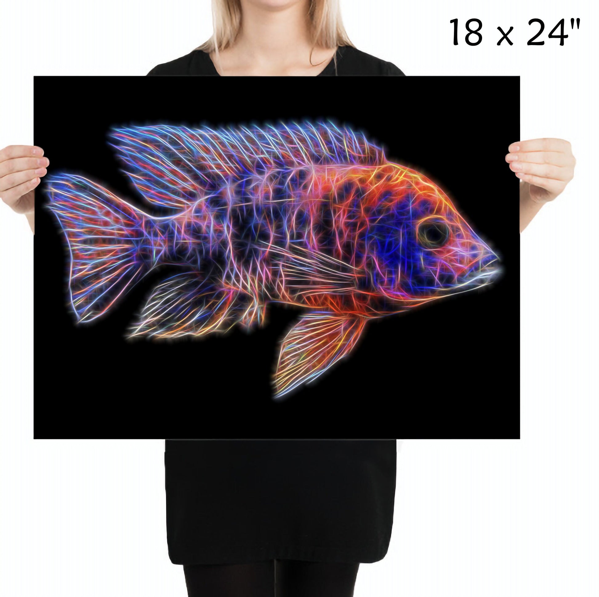 Orange OB Peacock Cichlid Fish Print with Stunning Fractal Art Design. Aulonocara