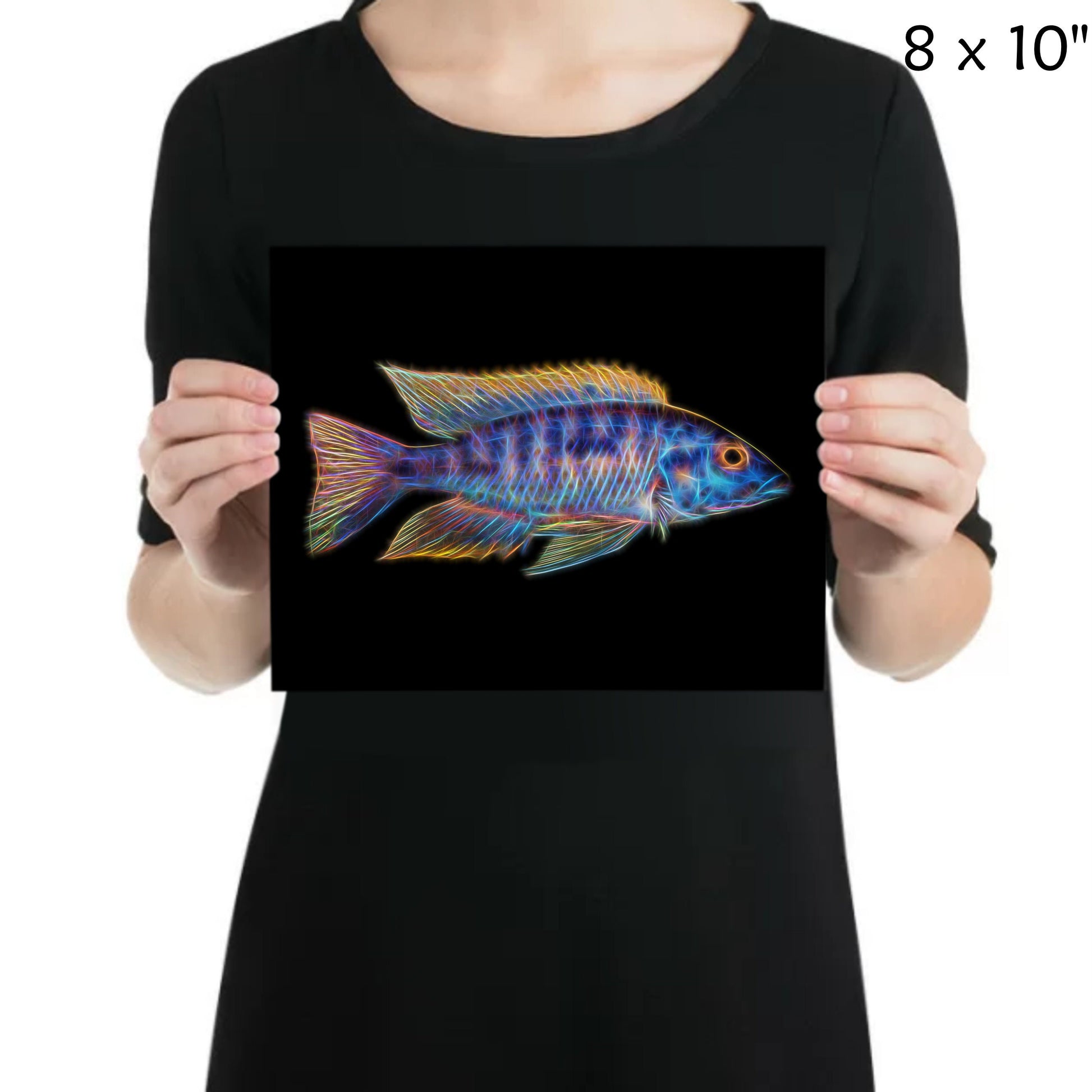 Blue Gold Orange Shoulder Peacock Cichlid Fish Print with Stunning Fractal Art Design. Aulonocara