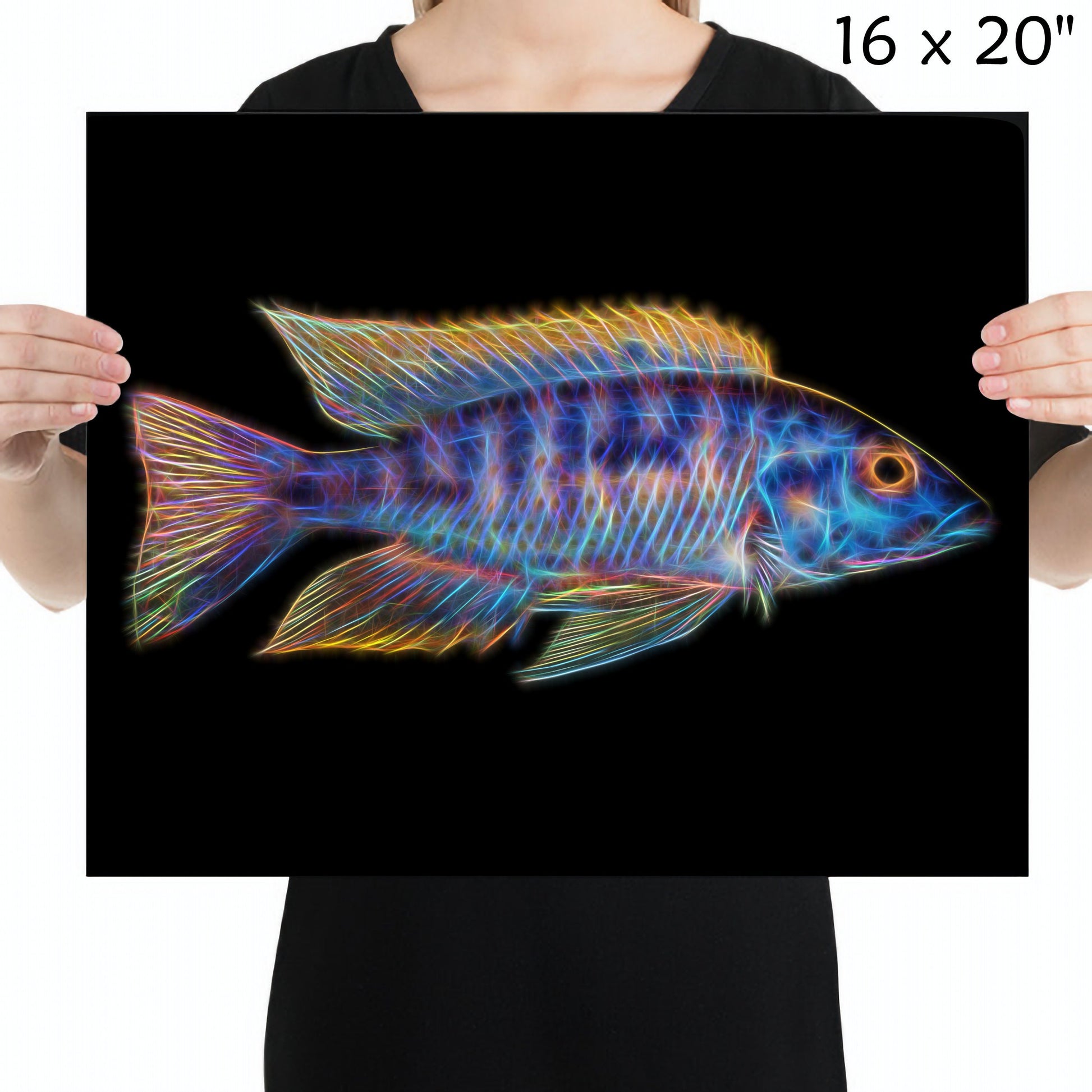 Blue Gold Orange Shoulder Peacock Cichlid Fish Print with Stunning Fractal Art Design. Aulonocara