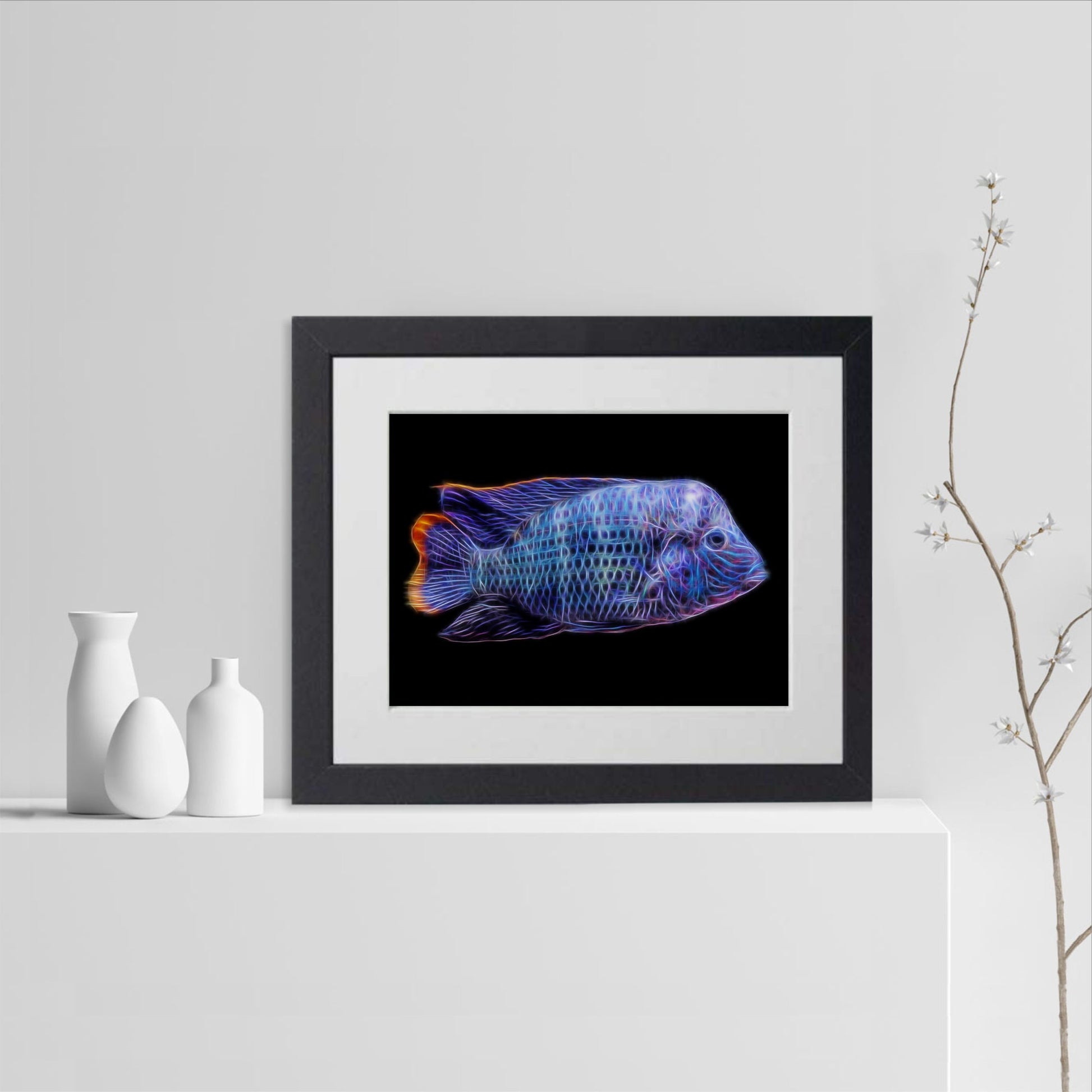 Green Terror Cichlid Print with Stunning Fractal Art Design. Adinoacara Rivulatus