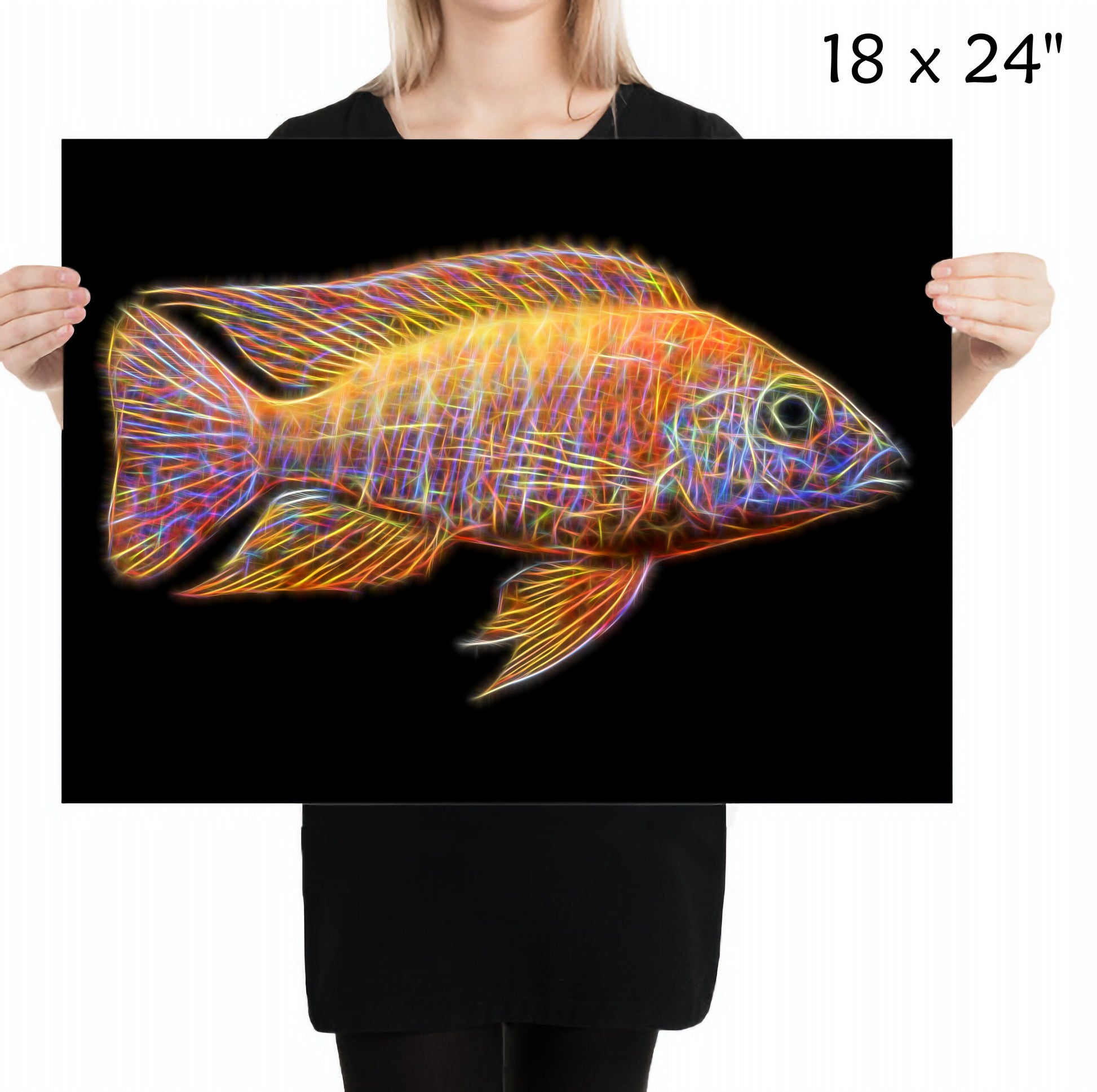 Ruby Red Peacock Cichlid Fish Print with Stunning Fractal Art Design. Aulonocara