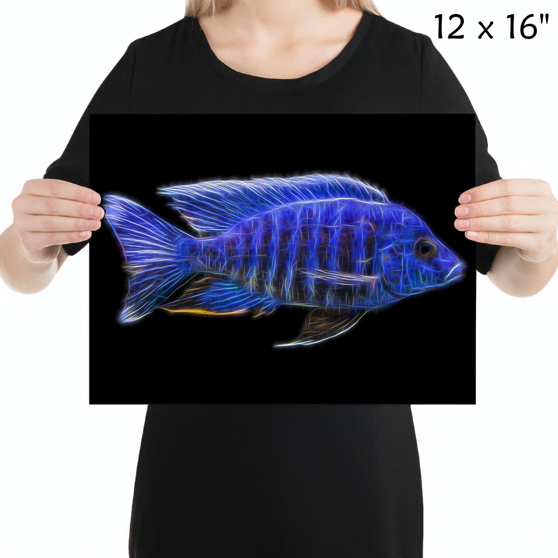 Blue Regal Peacock Cichlid Fish Print with Stunning Fractal Art Design. Aulonocara