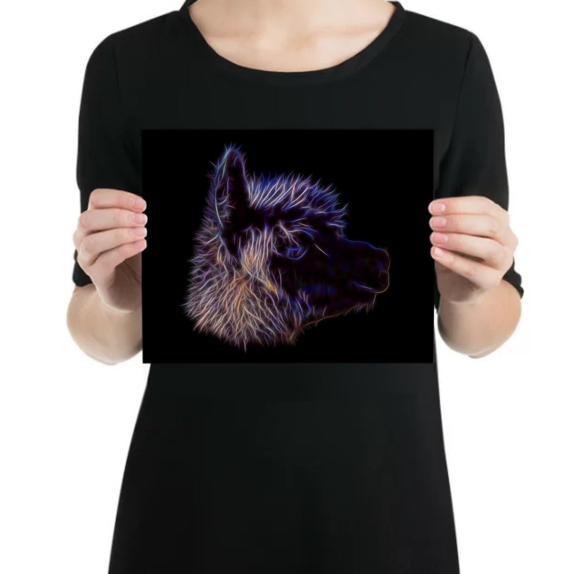 Black Alpaca Aluminium Metal Wall Plaque with Stunning Fractal Art Design.