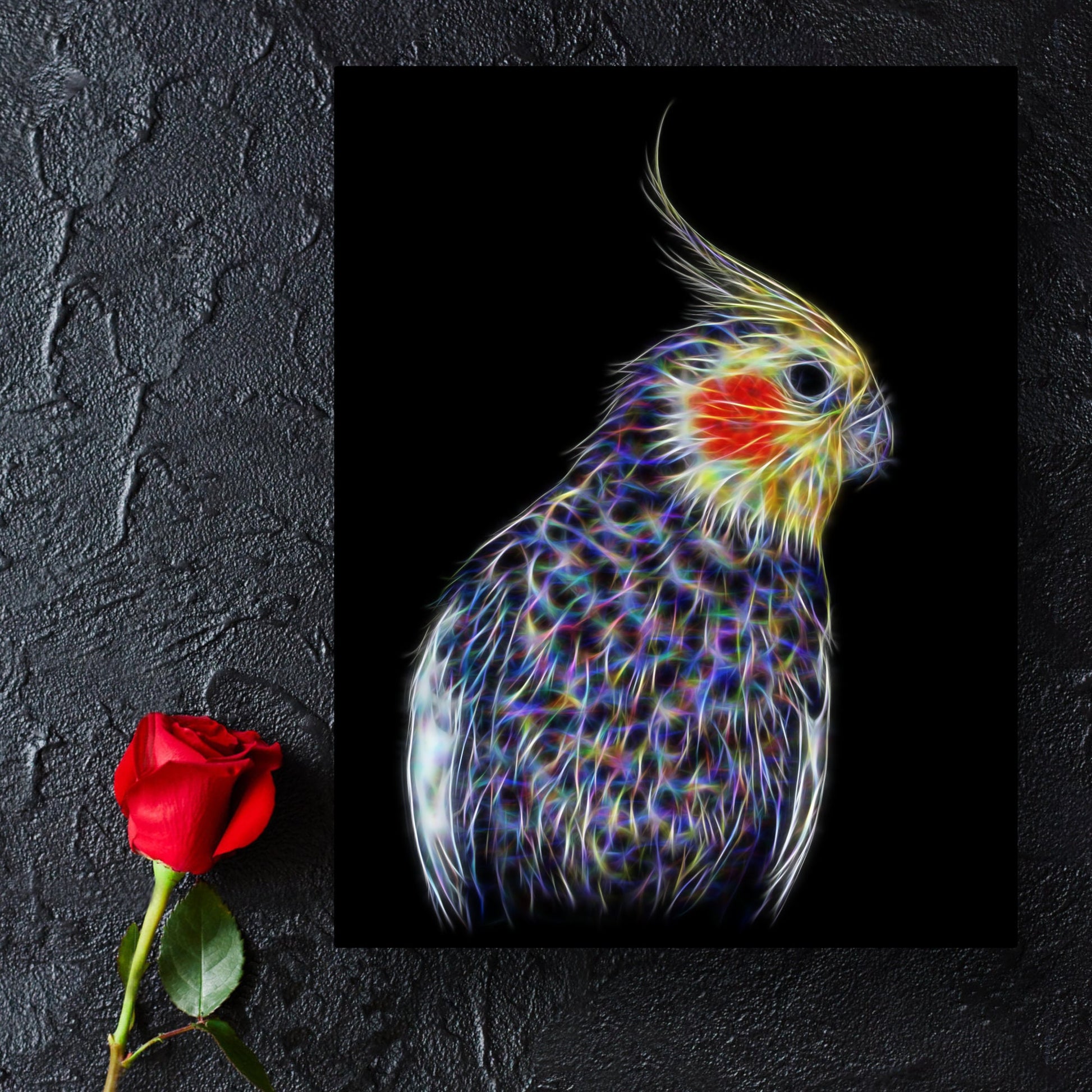 Cockatiel Aluminium Metal Wall Plaque with Stunning Fractal Art Design.