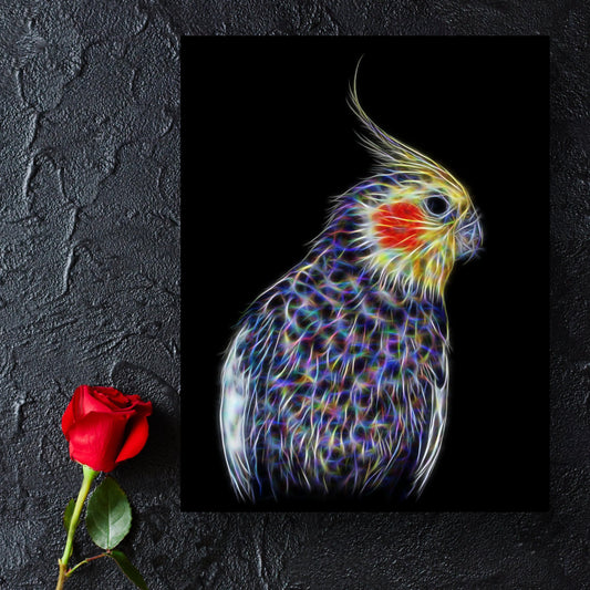Cockatiel Aluminium Metal Wall Plaque with Stunning Fractal Art Design.