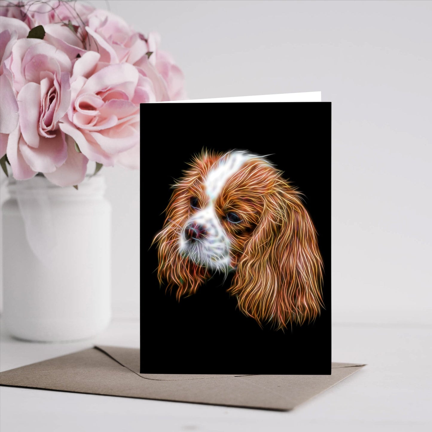 Cavalier King Charles Spaniel Greeting Card Blank Inside. Ruby, Black and Tan, Blenheim, and Tri colour.