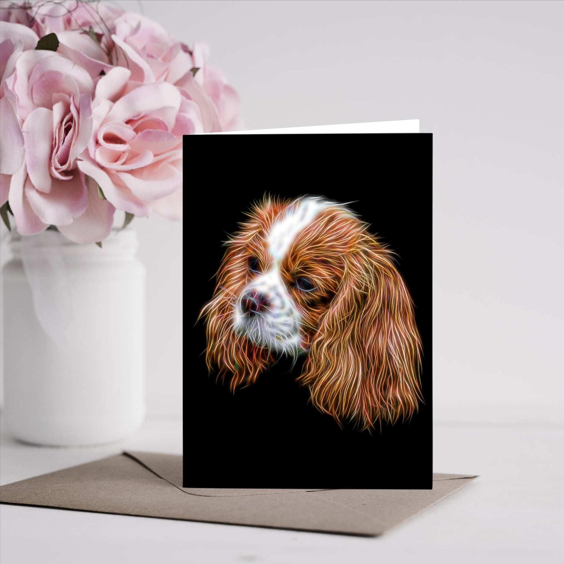 Cavalier King Charles Spaniel Greeting Card Blank Inside. Ruby, Black and Tan, Blenheim, and Tri colour.