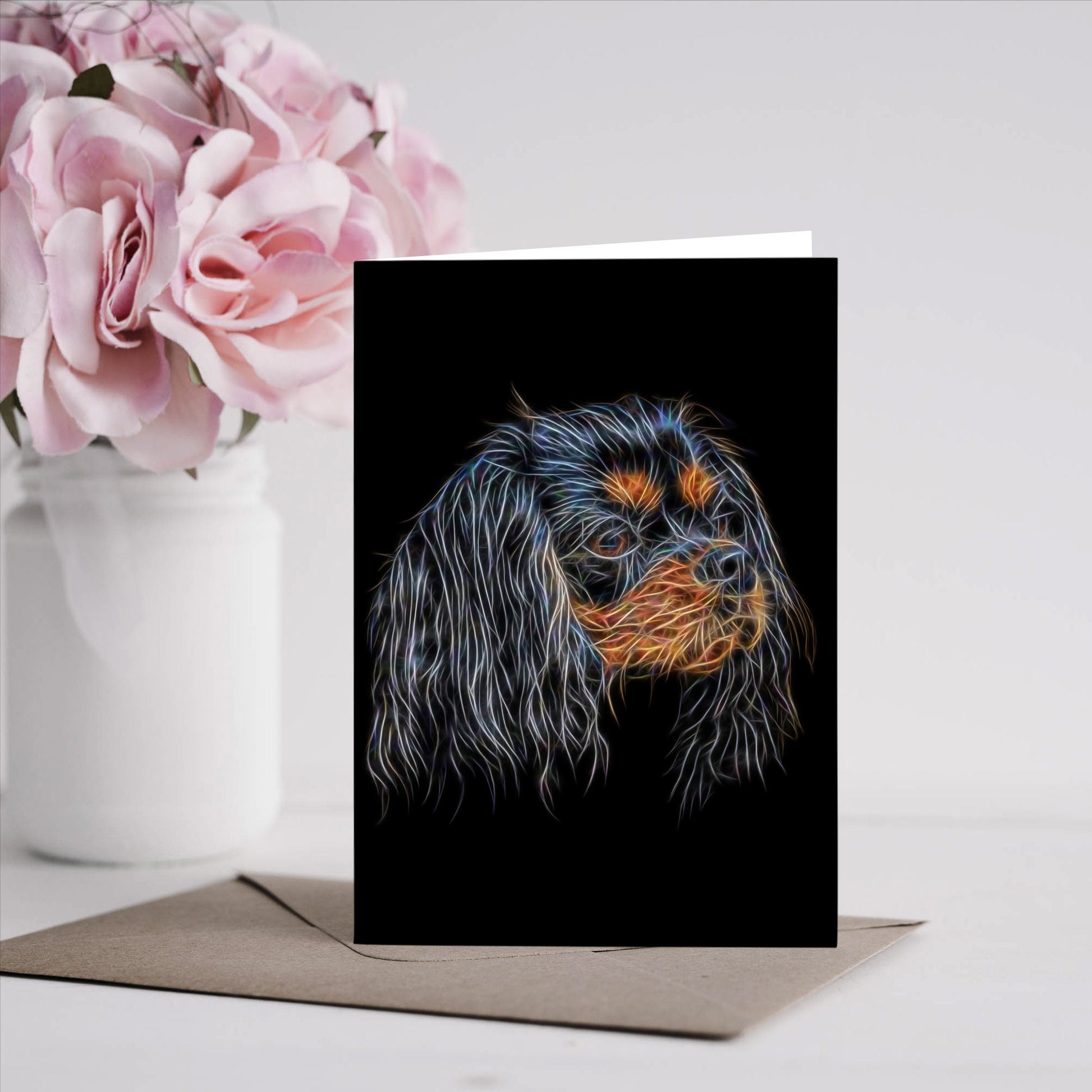 Cavalier King Charles Spaniel Greeting Card Blank Inside. Ruby, Black and Tan, Blenheim, and Tri colour.