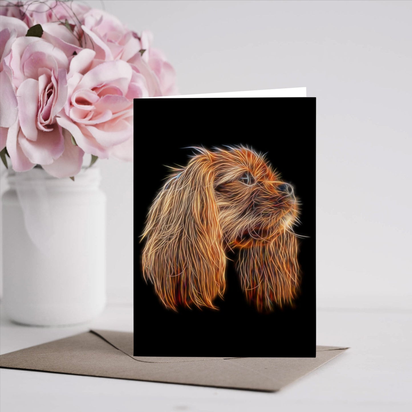 Cavalier King Charles Spaniel Greeting Card Blank Inside. Ruby, Black and Tan, Blenheim, and Tri colour.