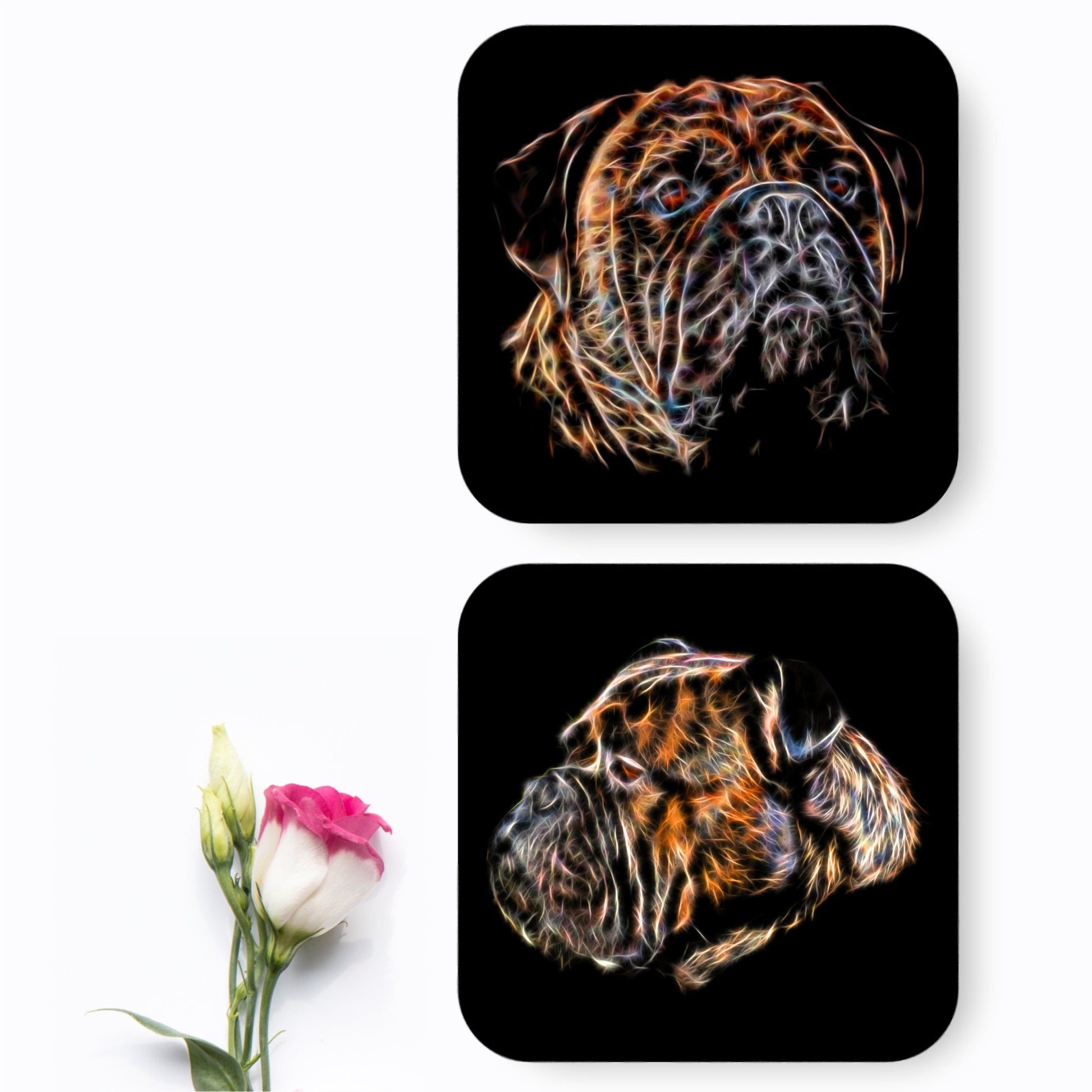Brindle Bullmastiff Coasters, Set of 2, with Stunning Fractal Art Design. Dog Lover Gift