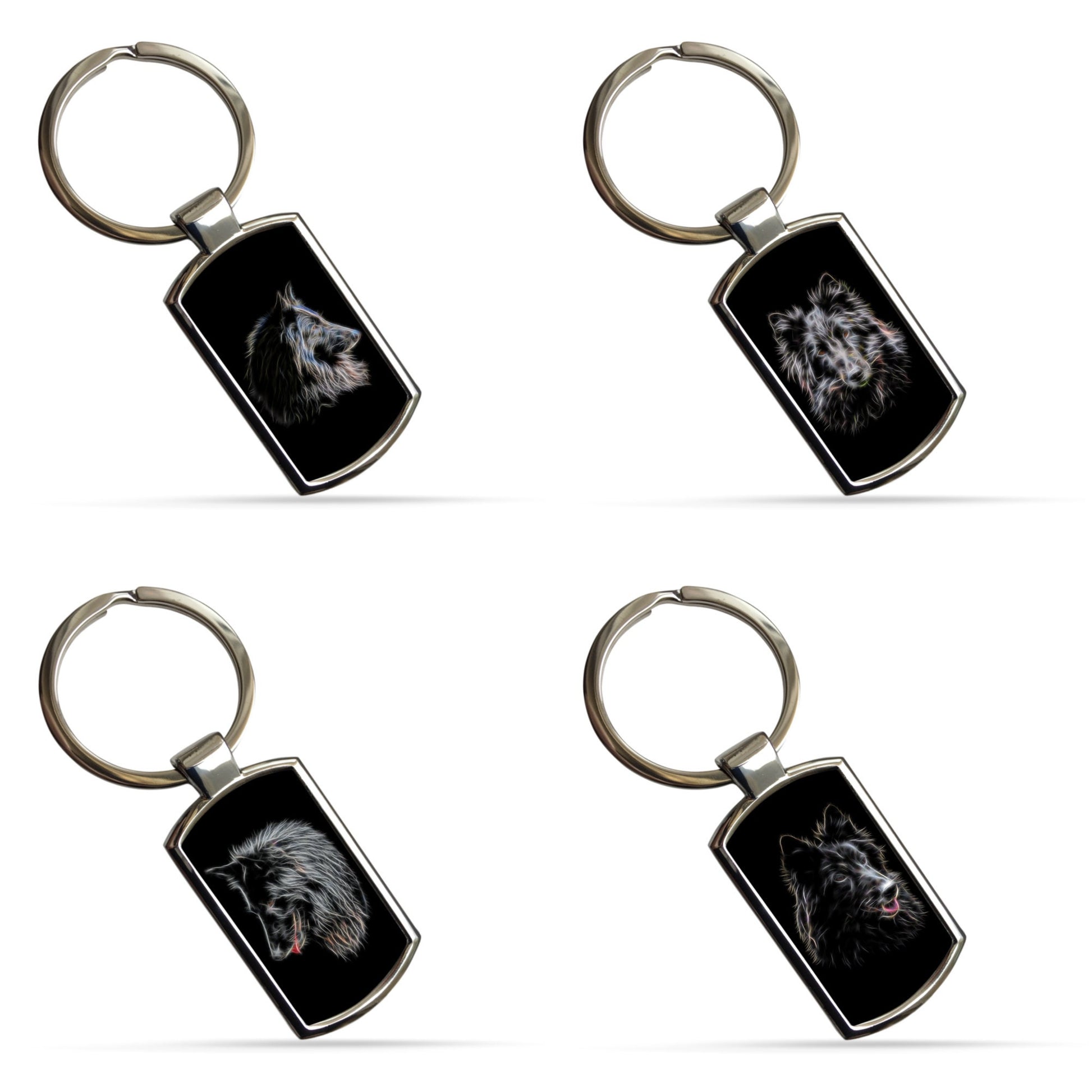 Black Belgian Groenendael Shepherd Keychain with Fractal Art Design.