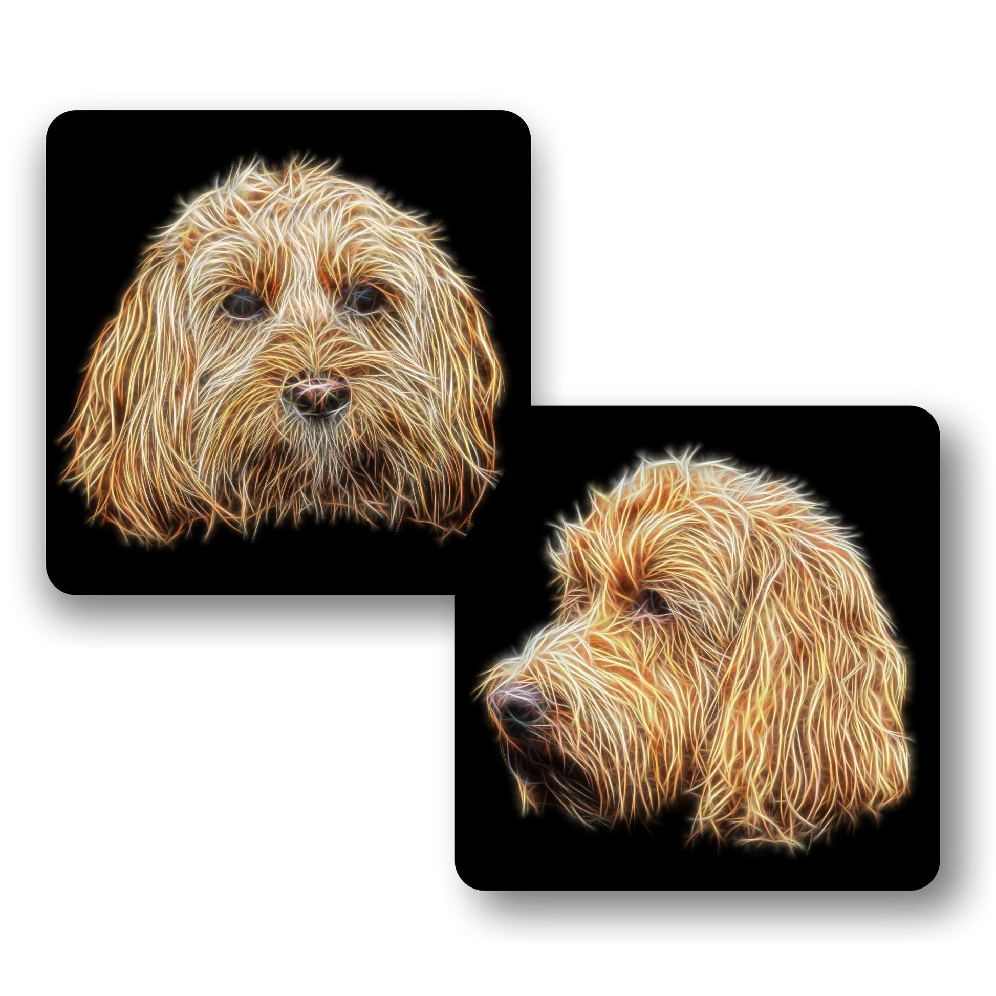 Golden Cockapoo Coasters, Set of 2, with Stunning Fractal Art Design.
