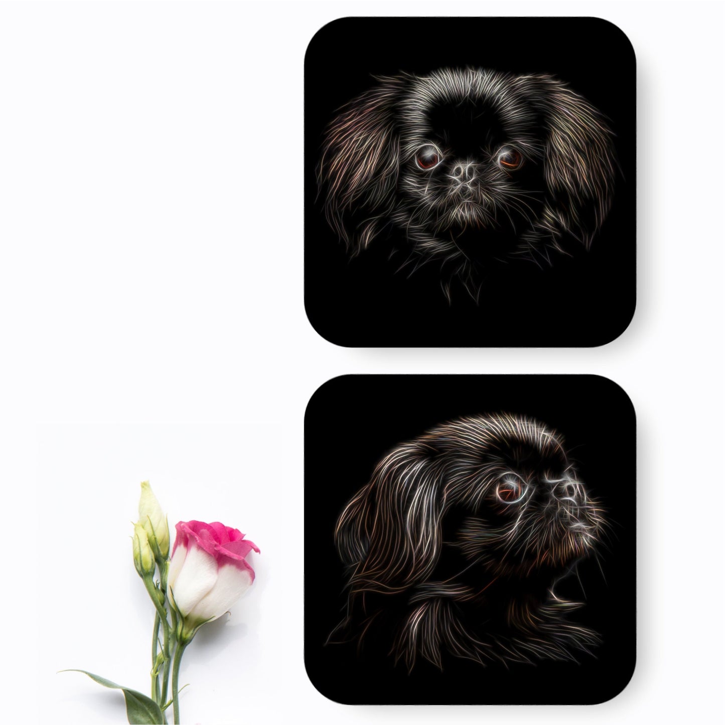 Black Pekingese Dog Coasters with Fractal Art Design. Perfect Pekingese Owner Gift