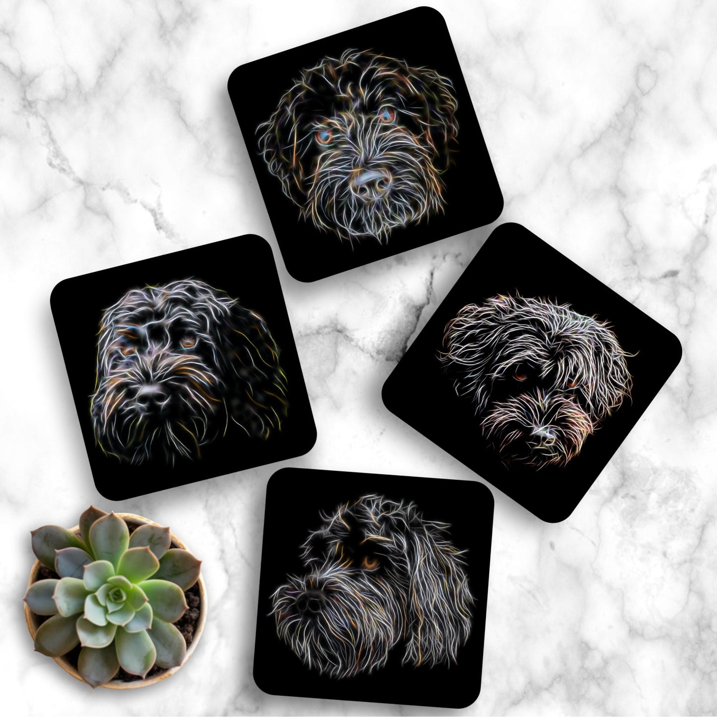 Black Labradoodle Coasters, Set of 4, with Stunning Fractal Art Design