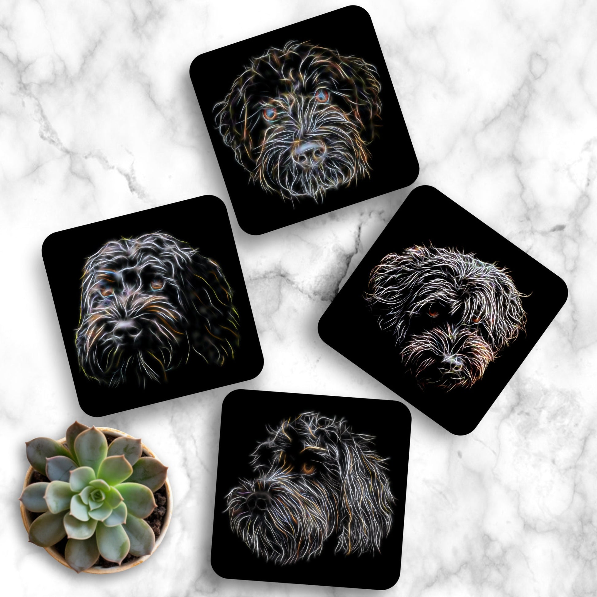 Black Labradoodle Coasters, Set of 4, with Stunning Fractal Art Design