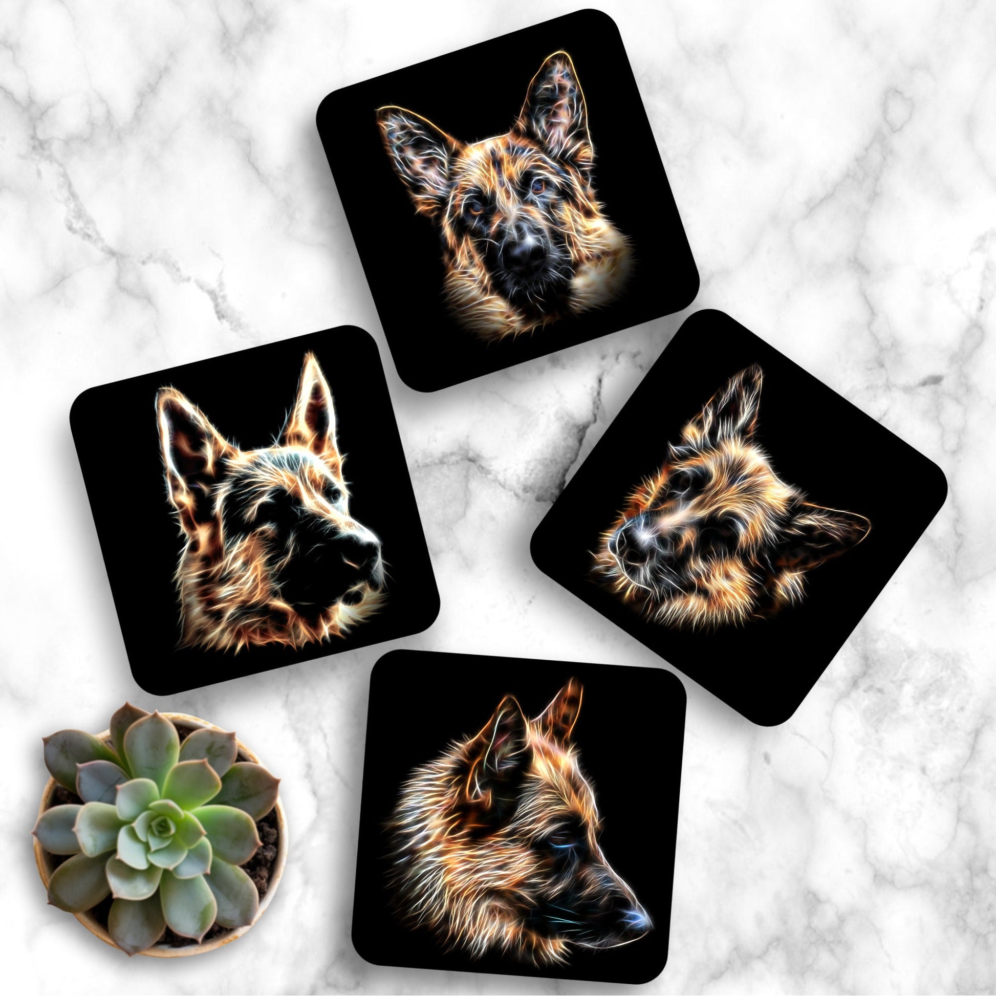 Black & Tan German Shepherd Coasters, Set of 4, with Stunning Fractal Art Design. Perfect Dog Lover Gift.