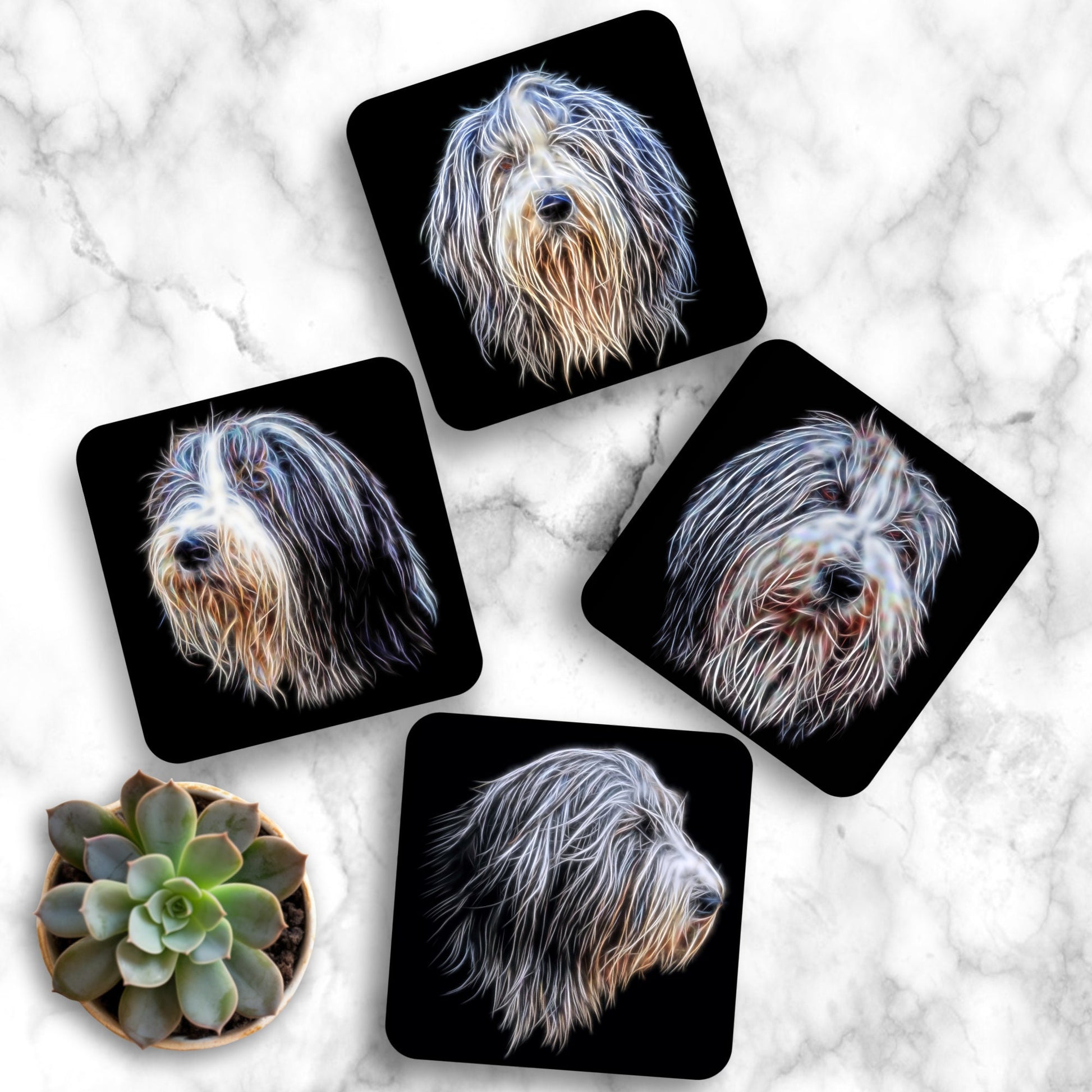 Bearded Collie Coasters with Fractal Art Design, Perfect Bearded Collie Owner Gift