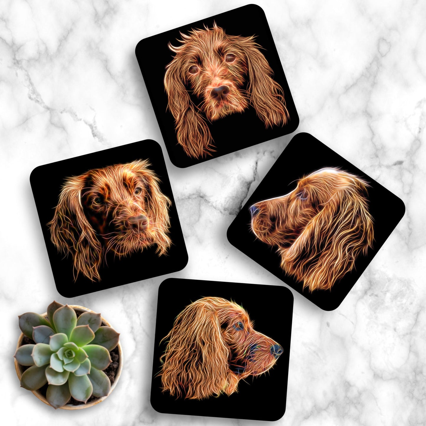 Red Working Cocker Spaniel Coasters with Stunning Fractal Art Design. Perfect Gift for Cocker Spaniel Owners.