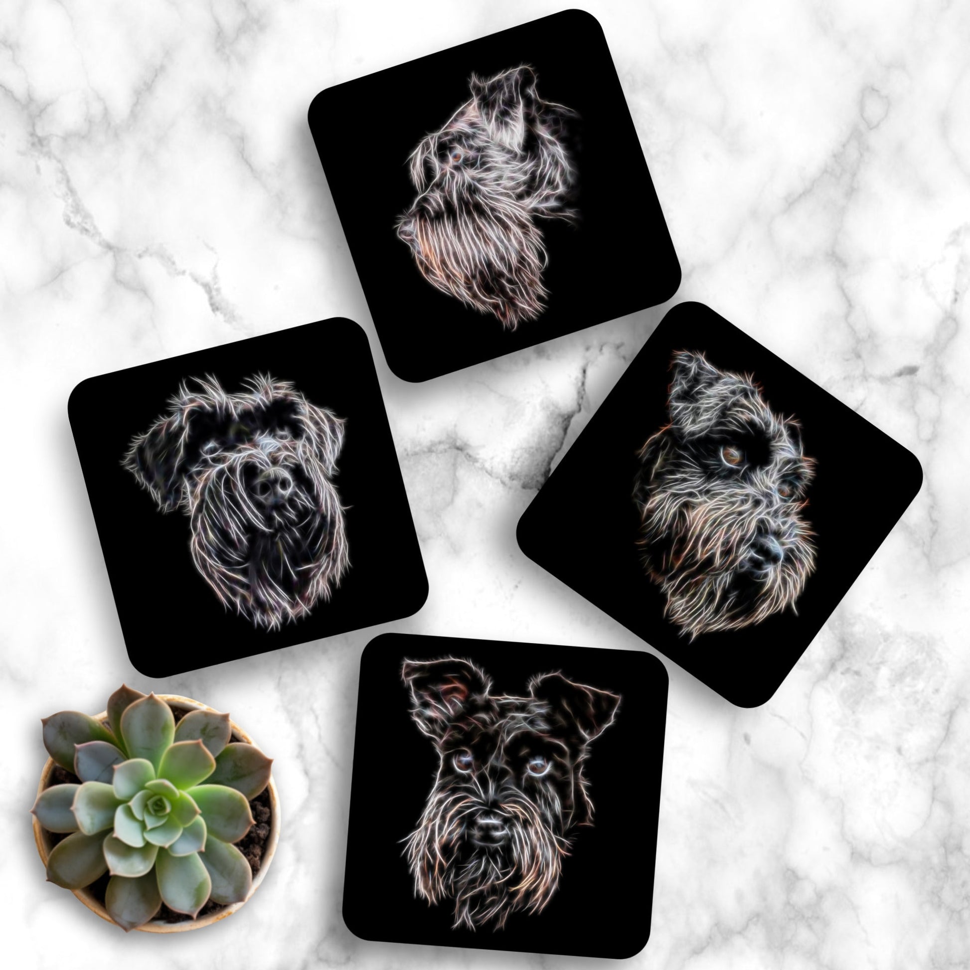 Black Schnauzer Coasters with Stunning Fractal Art Design. Schnauzer Owner Gift