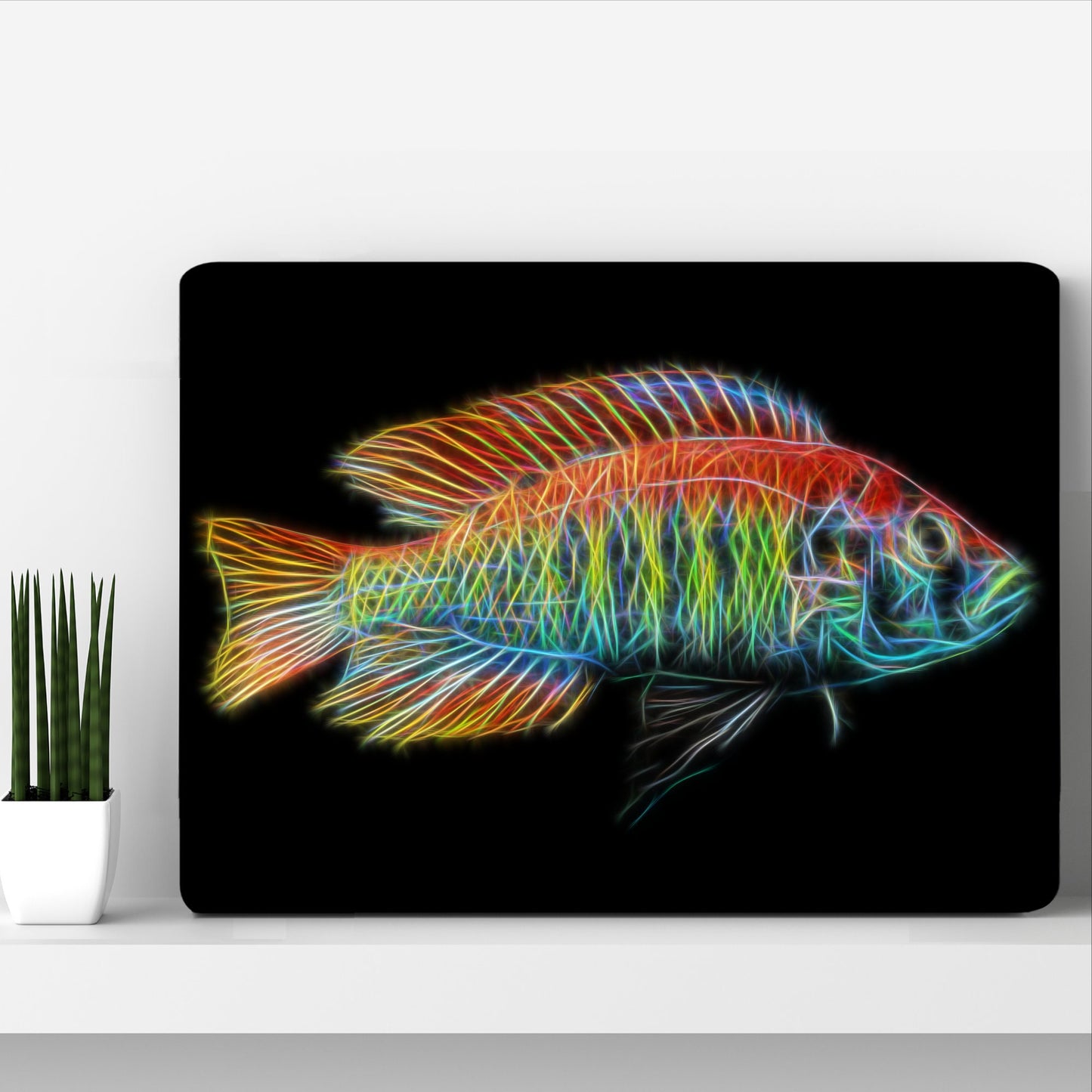 Flameback Cichlid Metal Wall Plaque with Stunning Fractal Art Design. Pundamilia Nyererei