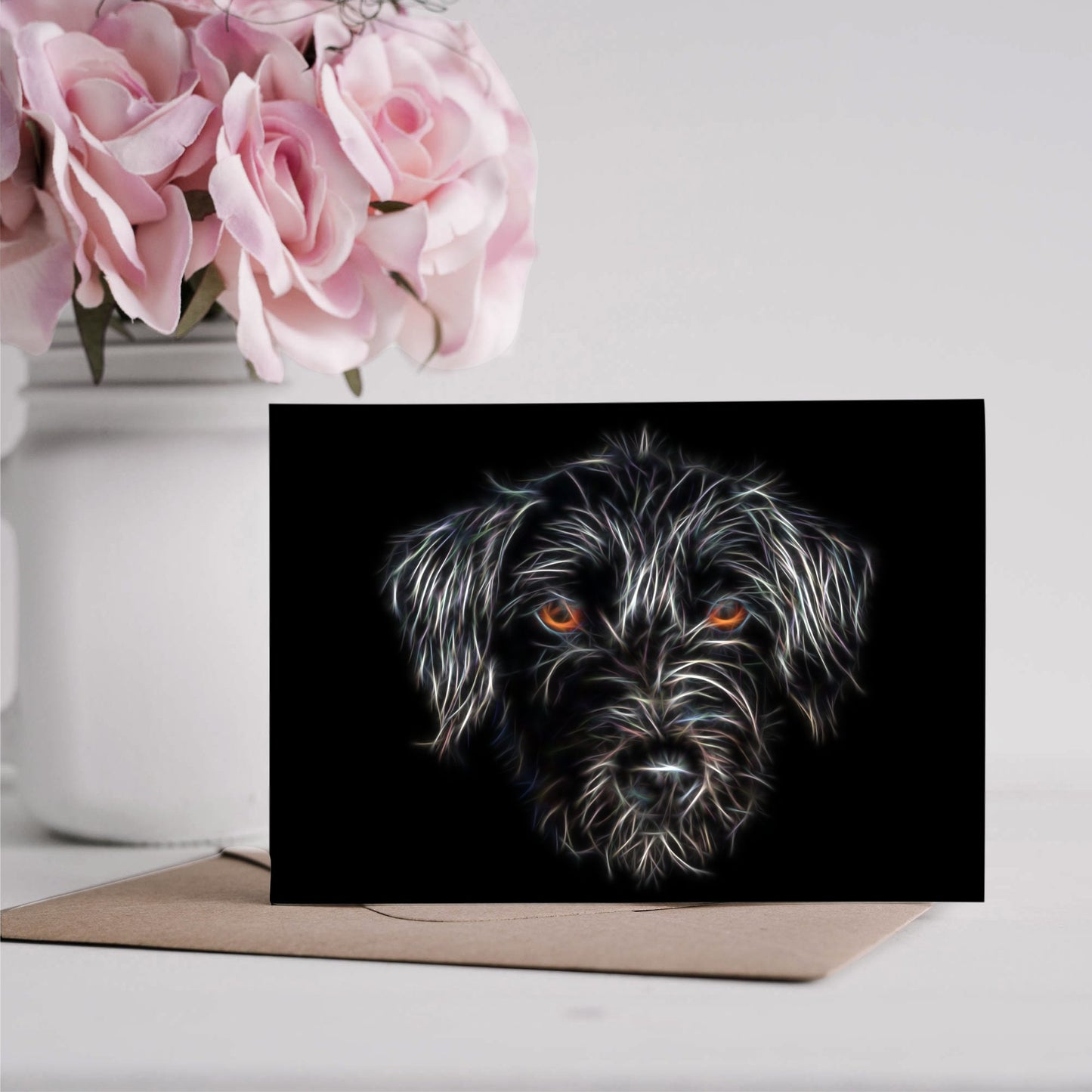 Black Jackapoo Greeting Card with Stunning Fractal Art Design. Blank Inside for Birthdays or any other Occasion