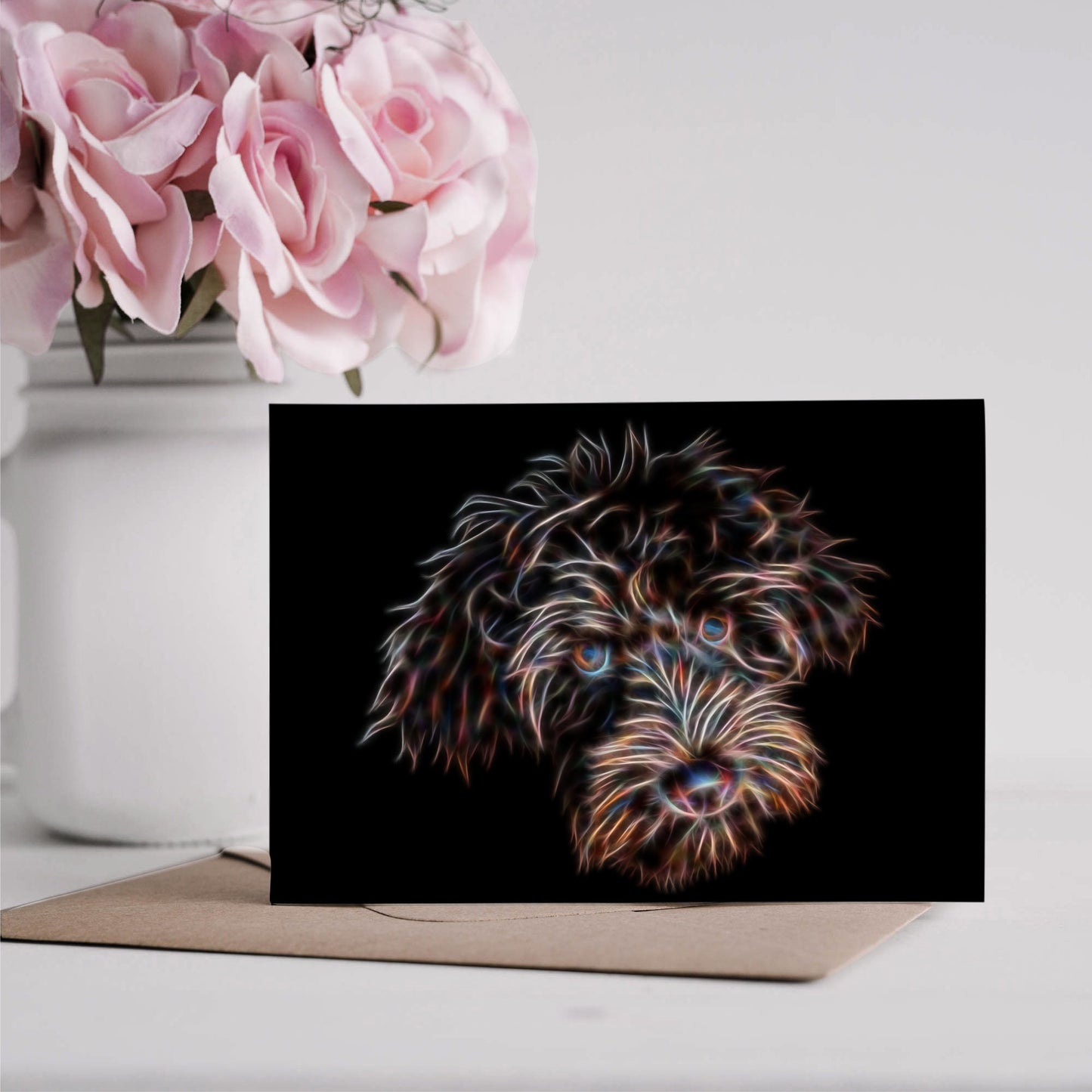 Chocolate Brown Labradoodle Greeting Card with Stunning Fractal Art Design. Blank Inside for Birthdays or any other Occasion