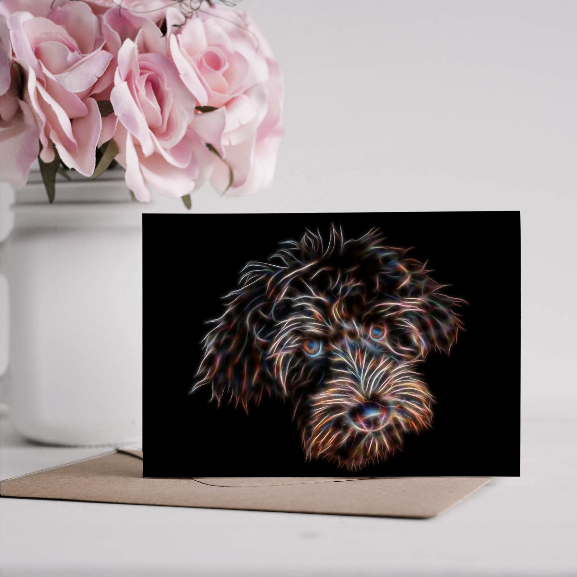 Chocolate Brown Labradoodle Greeting Card with Stunning Fractal Art Design. Blank Inside for Birthdays or any other Occasion