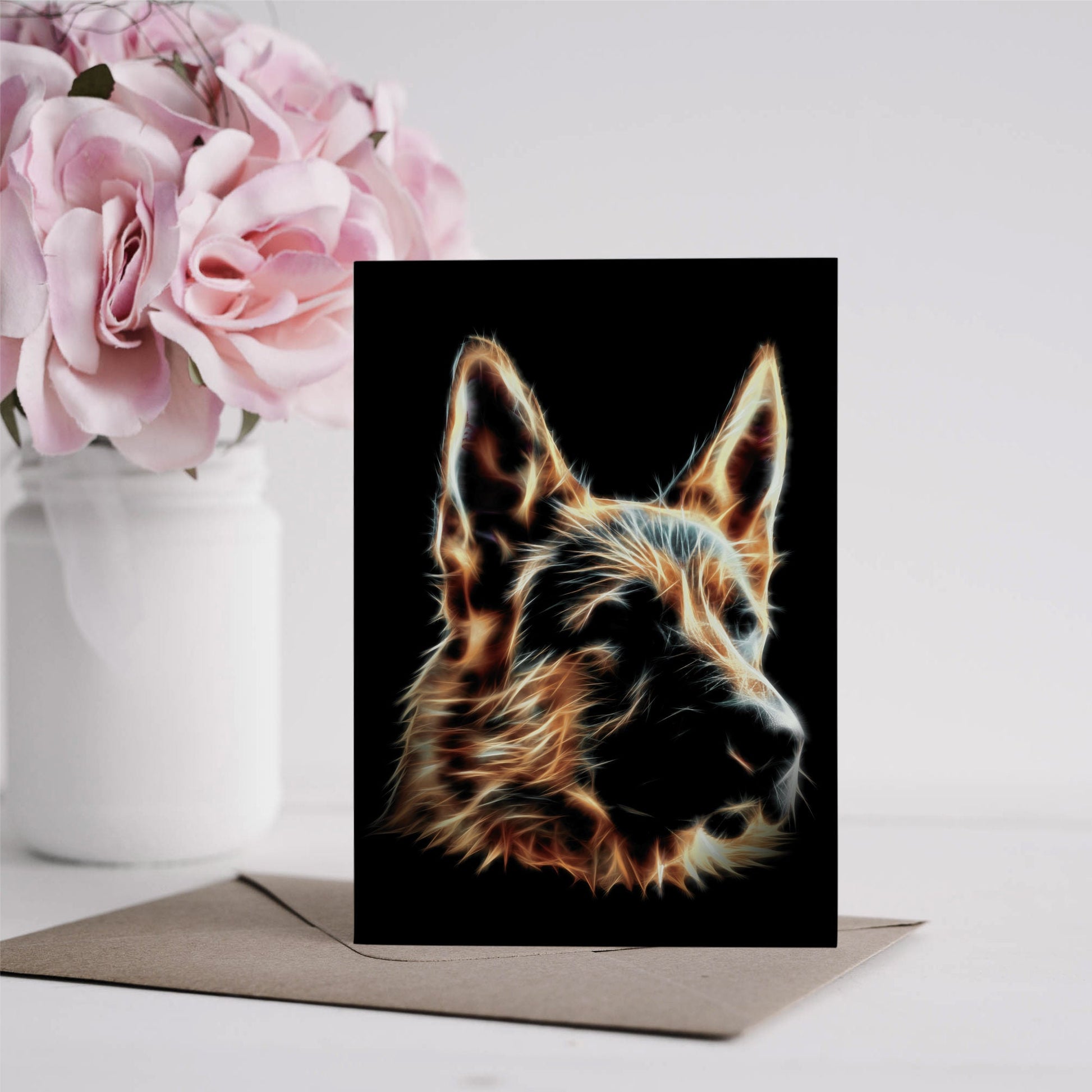 German Shepherd Greeting Card with Stunning Fractal Art Design. Blank Inside for Birthdays or any other Occasion