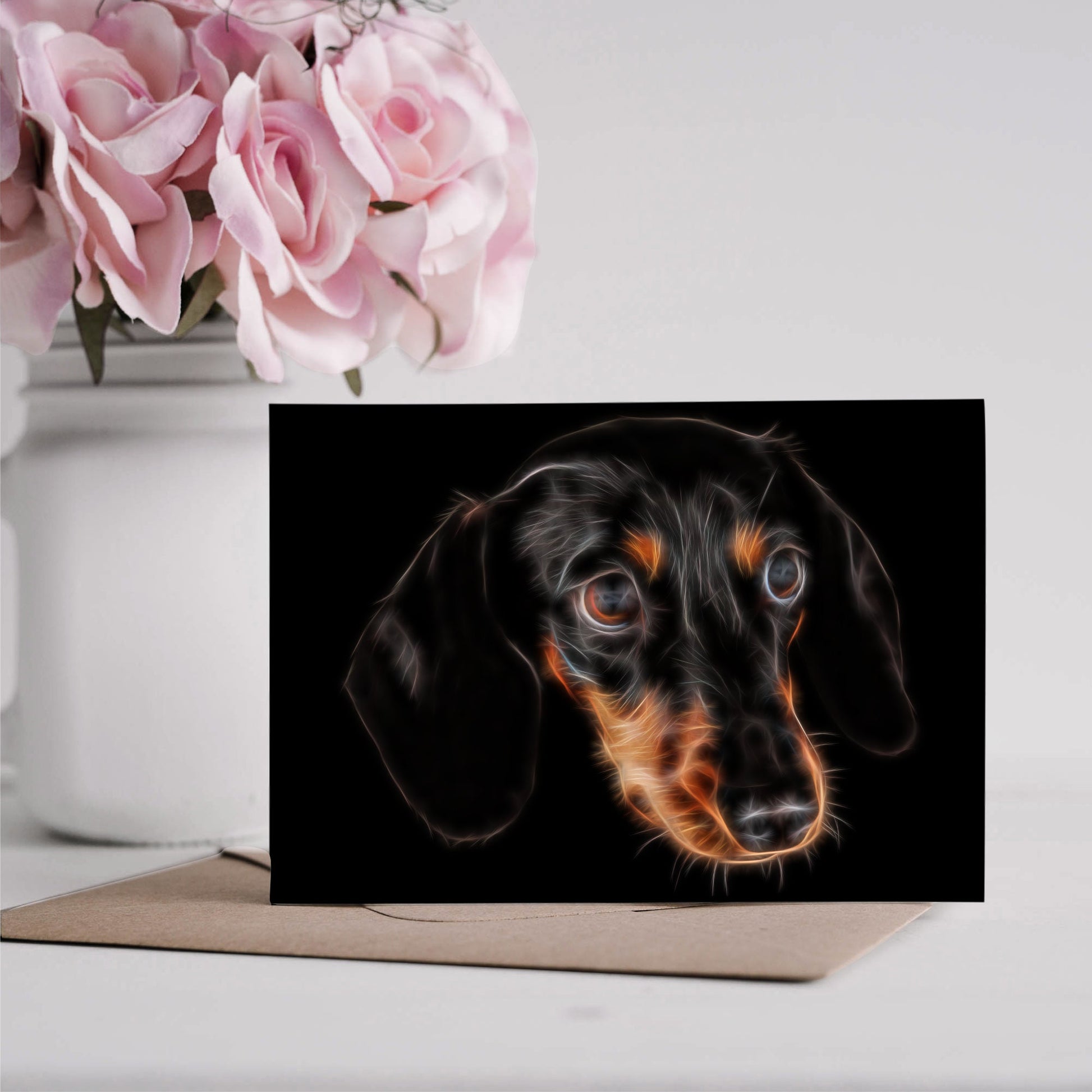 Black and Tan Dachshund Greeting Card with Stunning Fractal Art Design. Blank Inside for Birthdays or any other Occasion