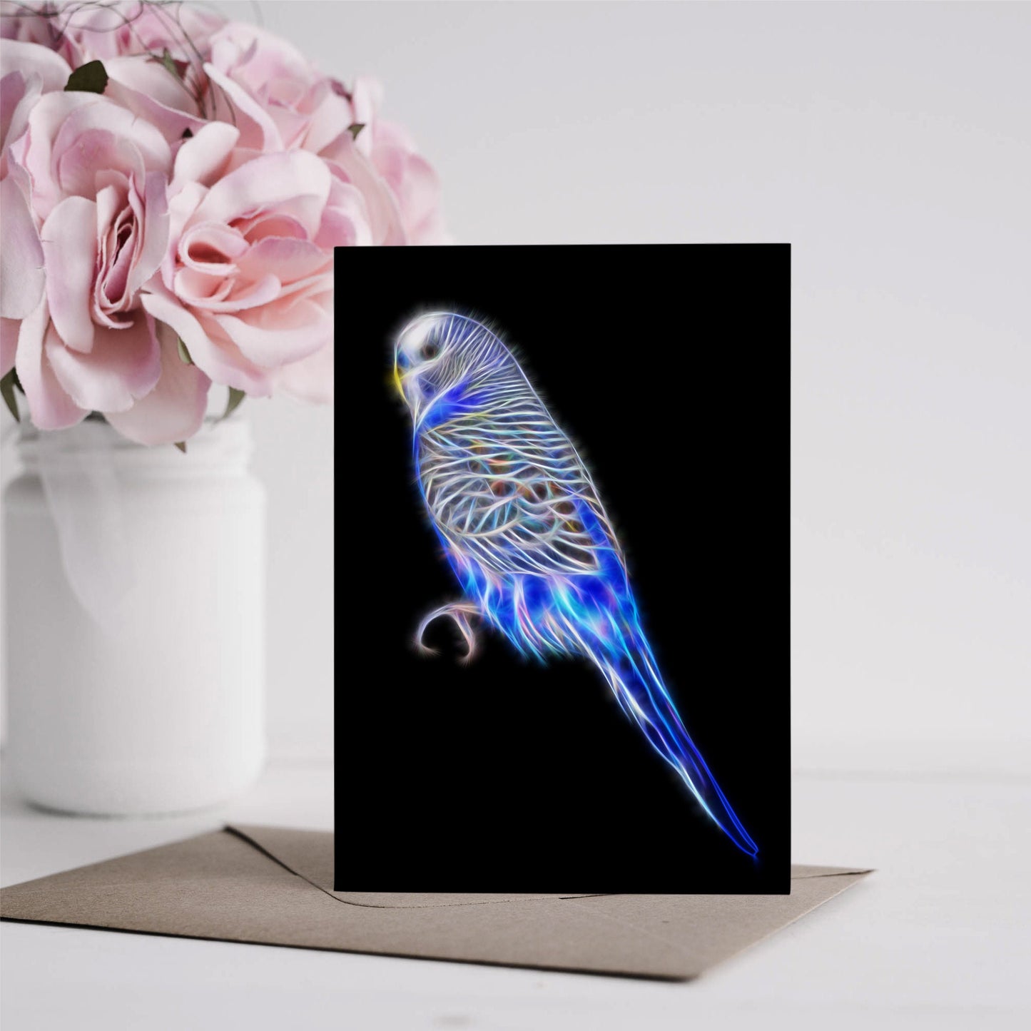 Blue Budgie Greeting Card with Stunning Fractal Art Design. Blank Inside for Birthdays or any other Occasion