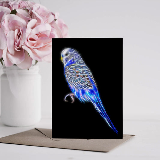 Blue Budgie Greeting Card with Stunning Fractal Art Design. Blank Inside for Birthdays or any other Occasion