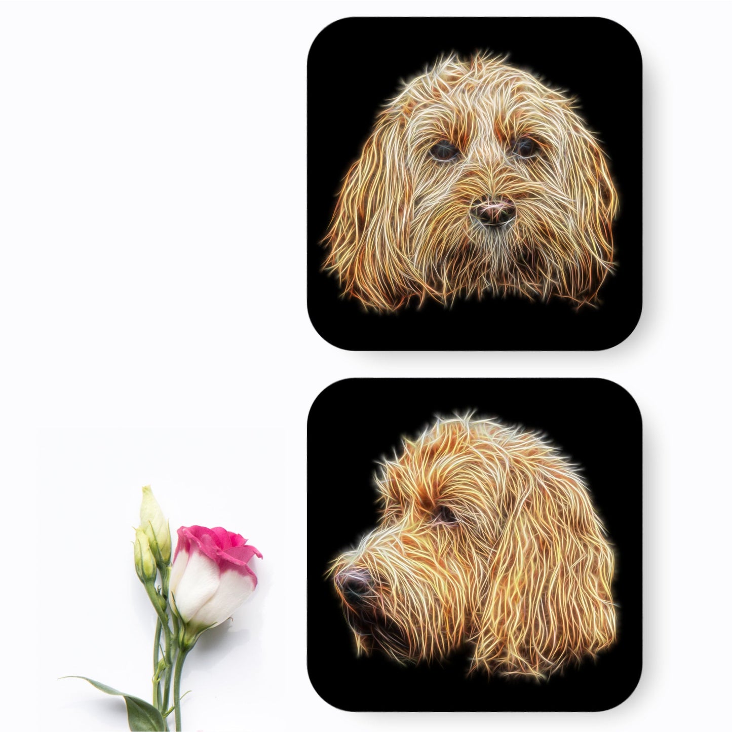 Golden Cockapoo Coasters, Set of 2, with Stunning Fractal Art Design.