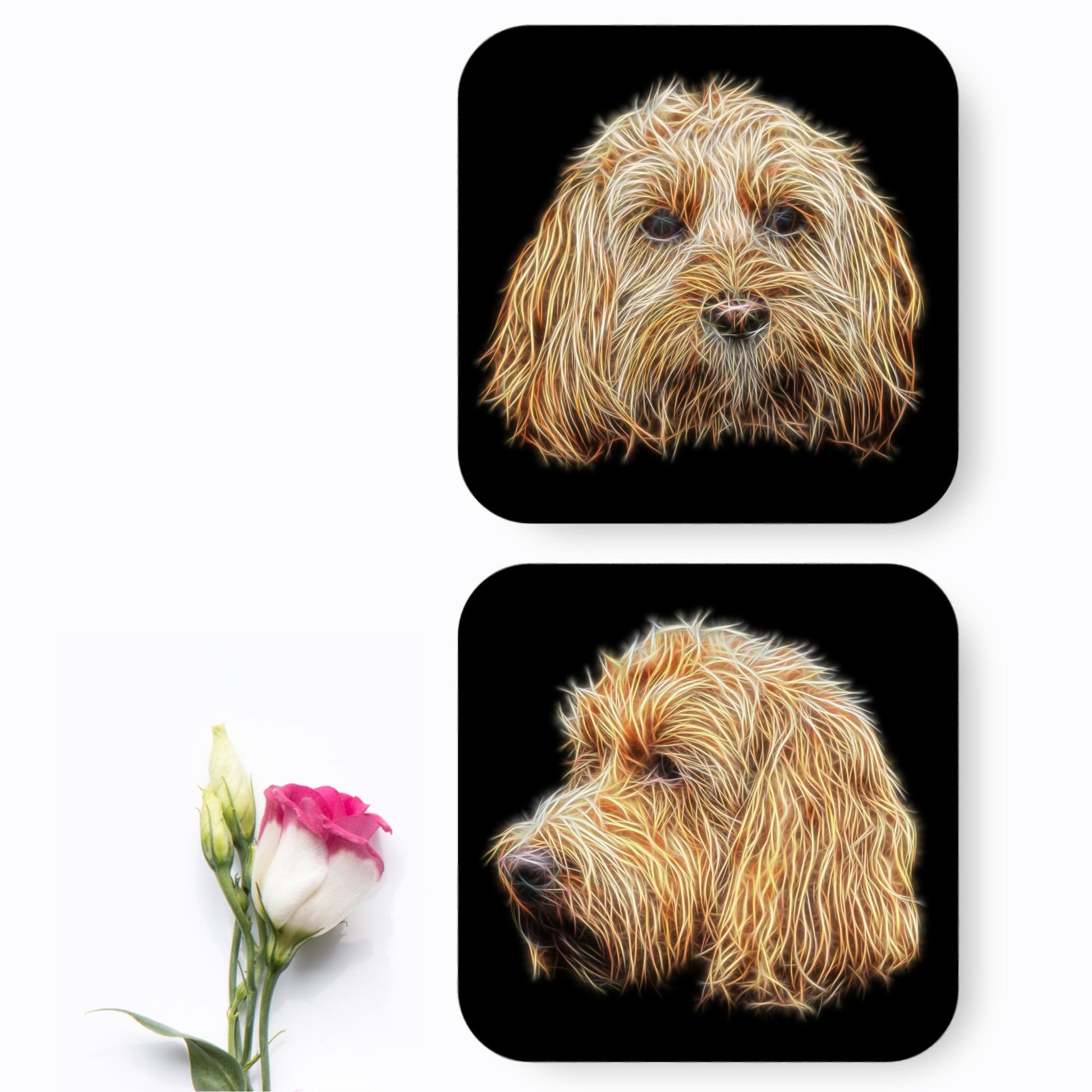 Golden Cockapoo Coasters, Set of 2, with Stunning Fractal Art Design.