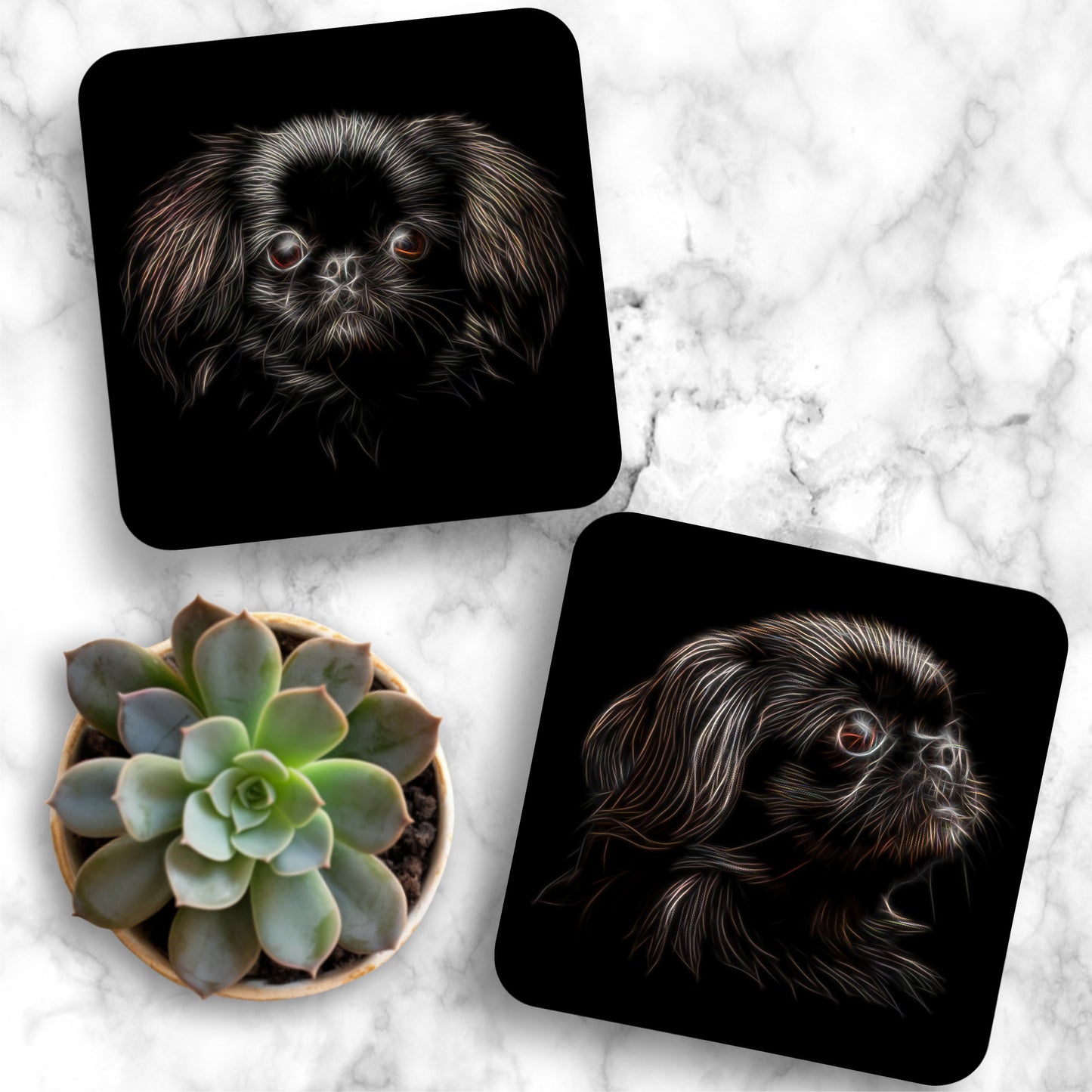 Black Pekingese Dog Coasters with Fractal Art Design. Perfect Pekingese Owner Gift