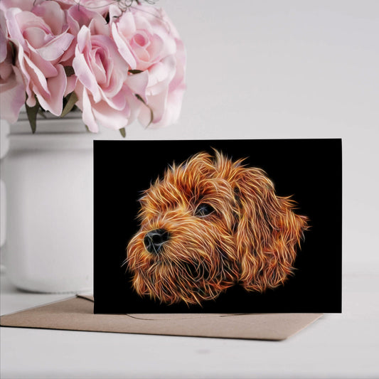 Red Cavapoo Greeting Card with Stunning Fractal Art Design. Blank Inside for Birthdays or any other Occasion