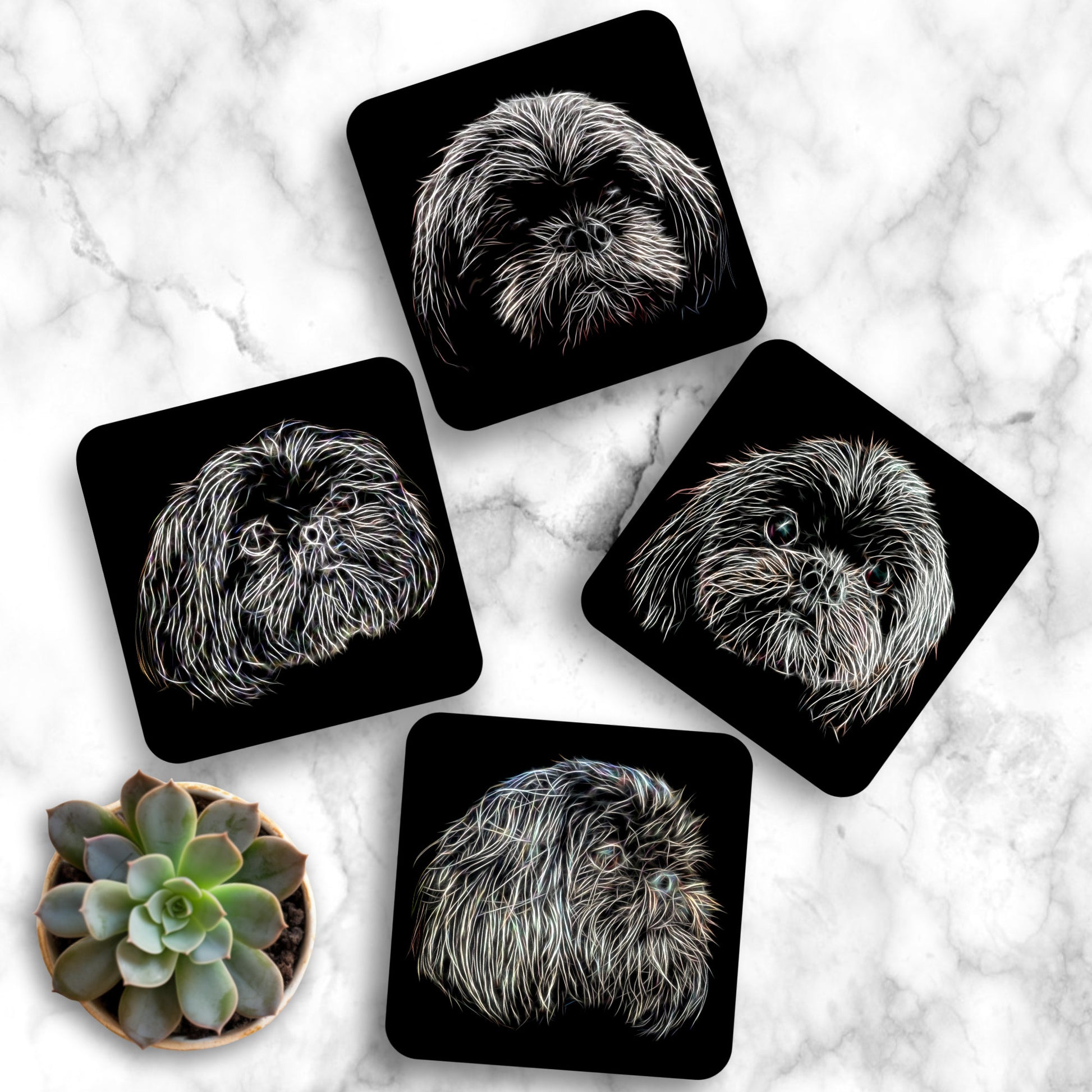 Black Shih Tzu Coasters with Fractal Art Design. Perfect Shih Tzu Owner Gift.