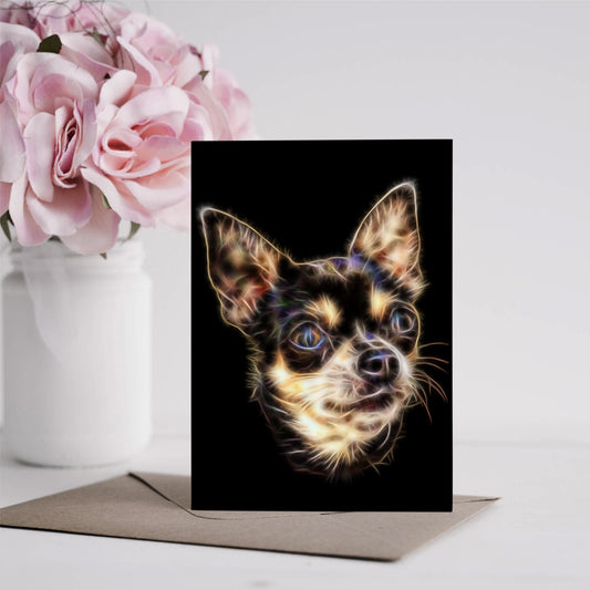 Chocolate & Tan Chihuahua Greeting Card with Stunning Fractal Art Design. Blank Inside for Birthdays or any other Occasion