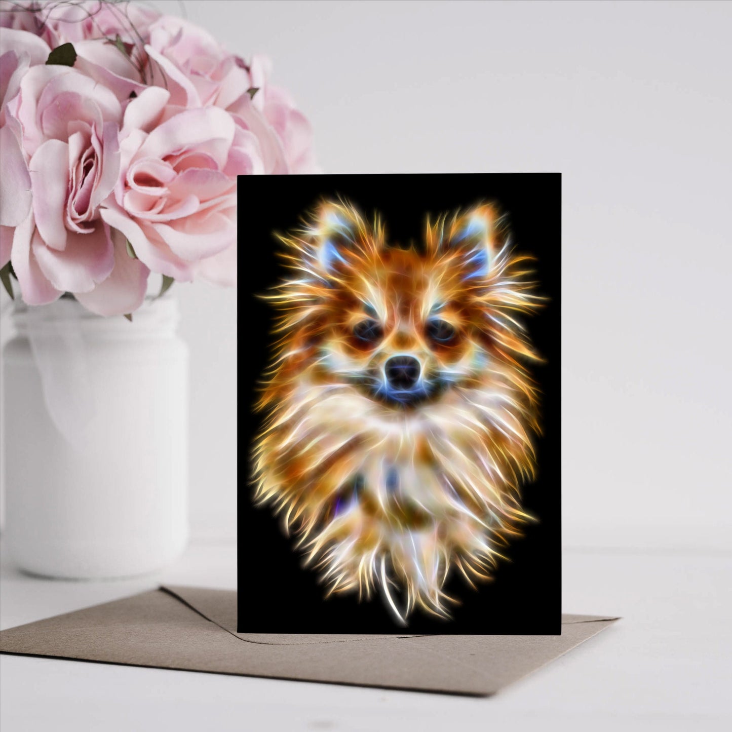 Pomeranian Greeting Card with Stunning Fractal Art Design. Blank Inside for Birthdays or any other Occasion